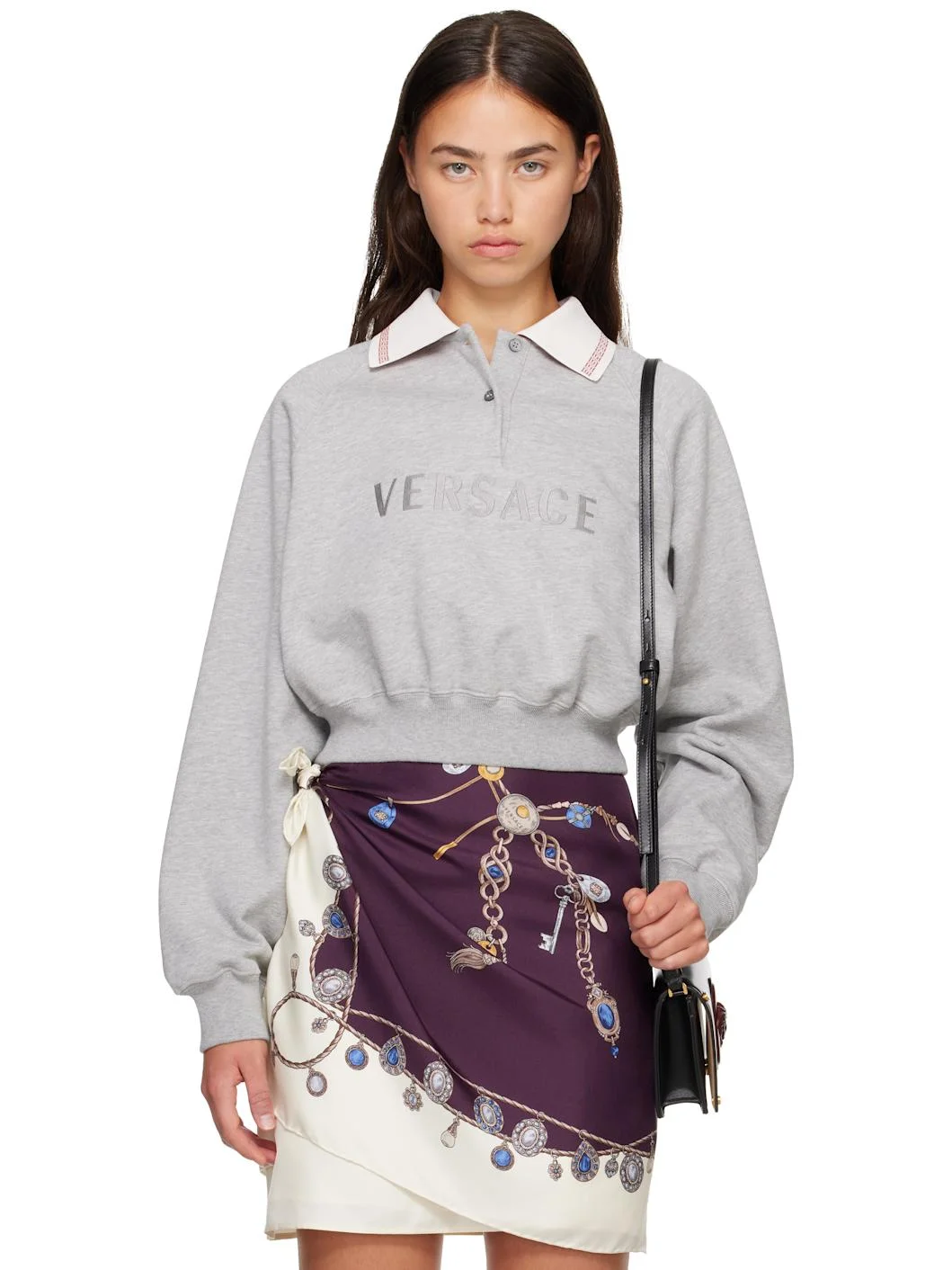 Gray Heavy Soft Fleece Greca Details & Logo Sweatshirt - 1