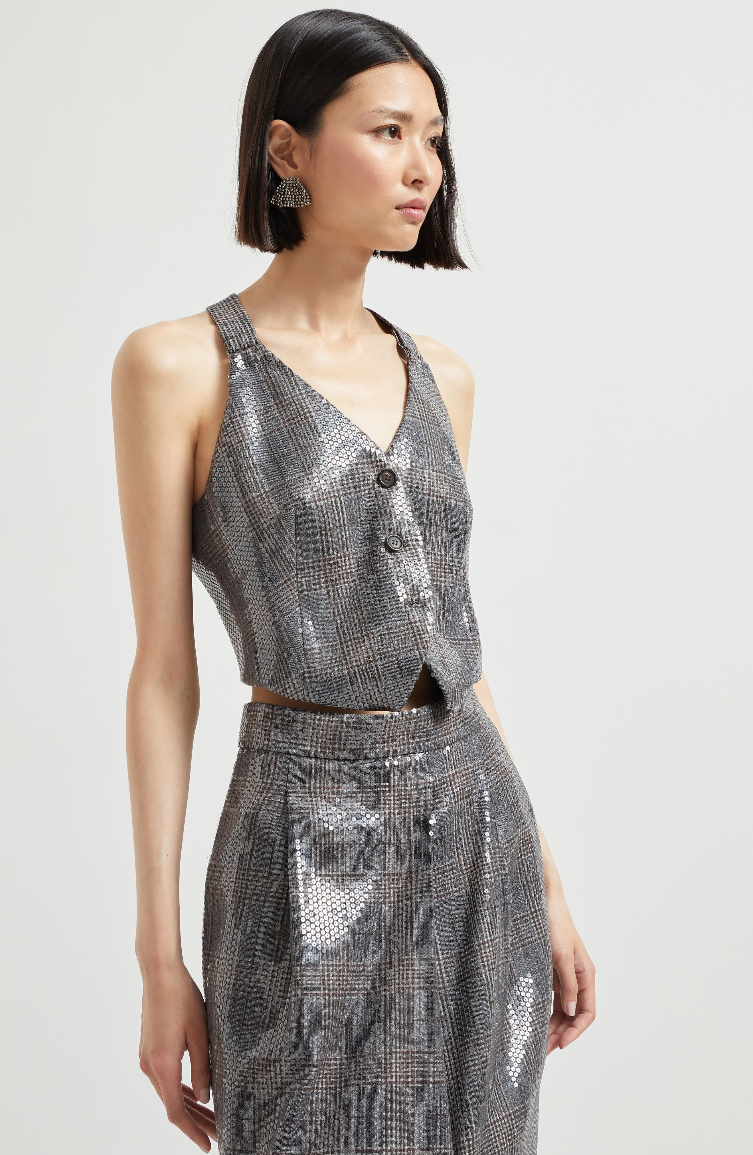 Brunello Cucinelli Prince of Wales waistcoat with embroidery in Anthracite at Nordstrom - 2