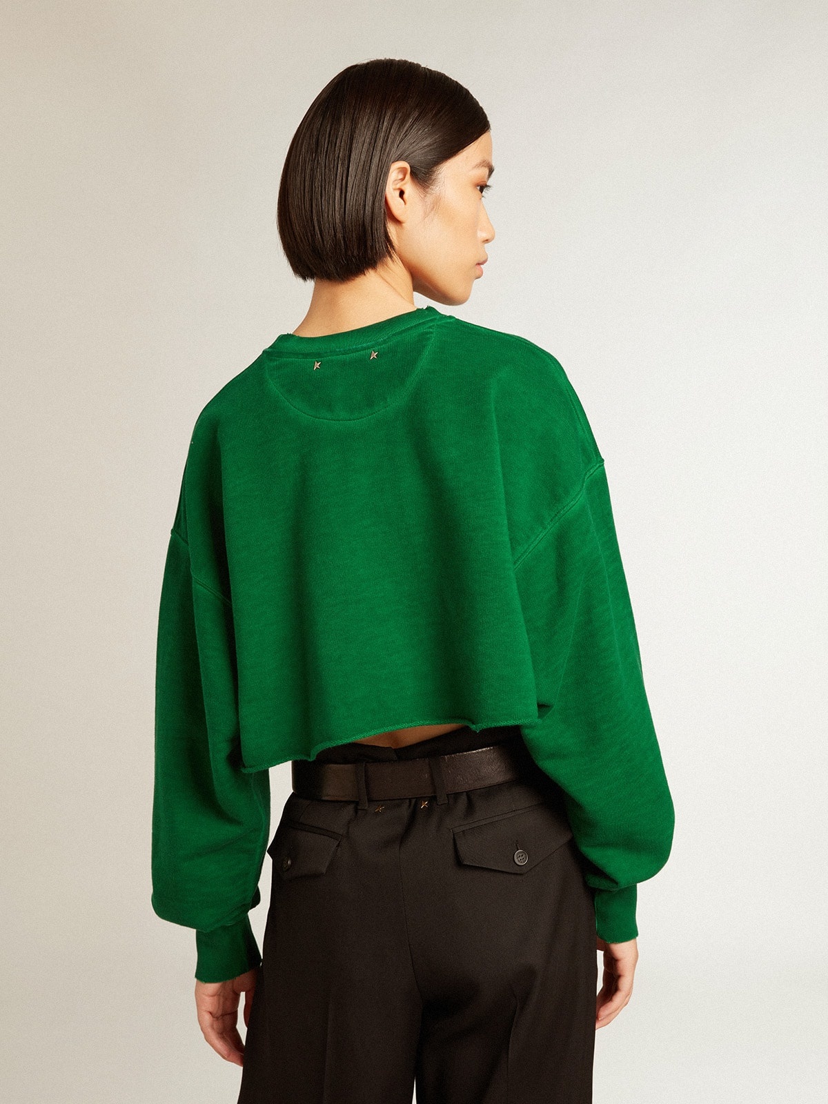 Green cropped round-neck cotton sweatshirt - 4