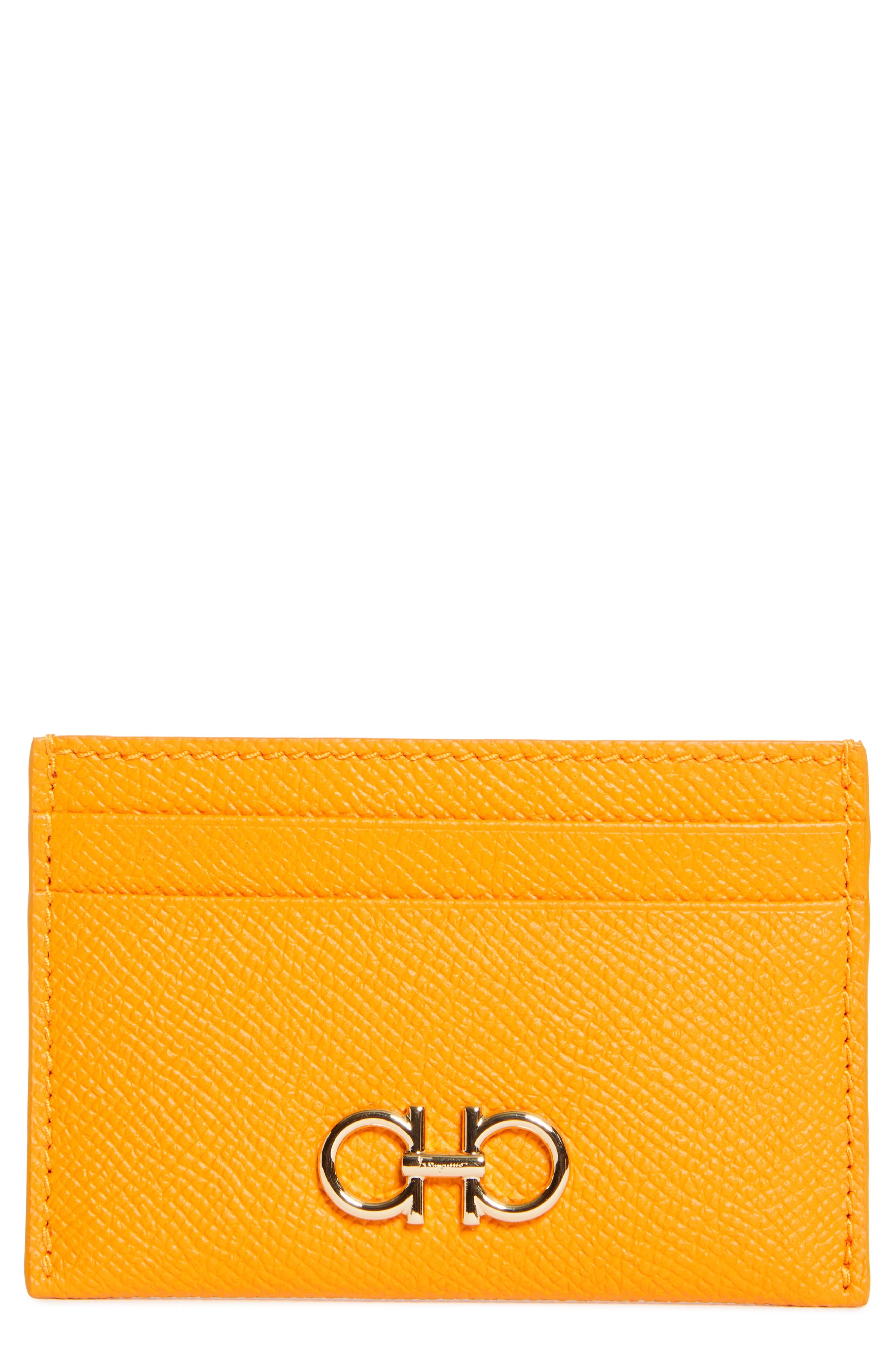 FERRAGAMO Double Gancio Leather Card Case in Tumeric Oro at Nordstrom - 1