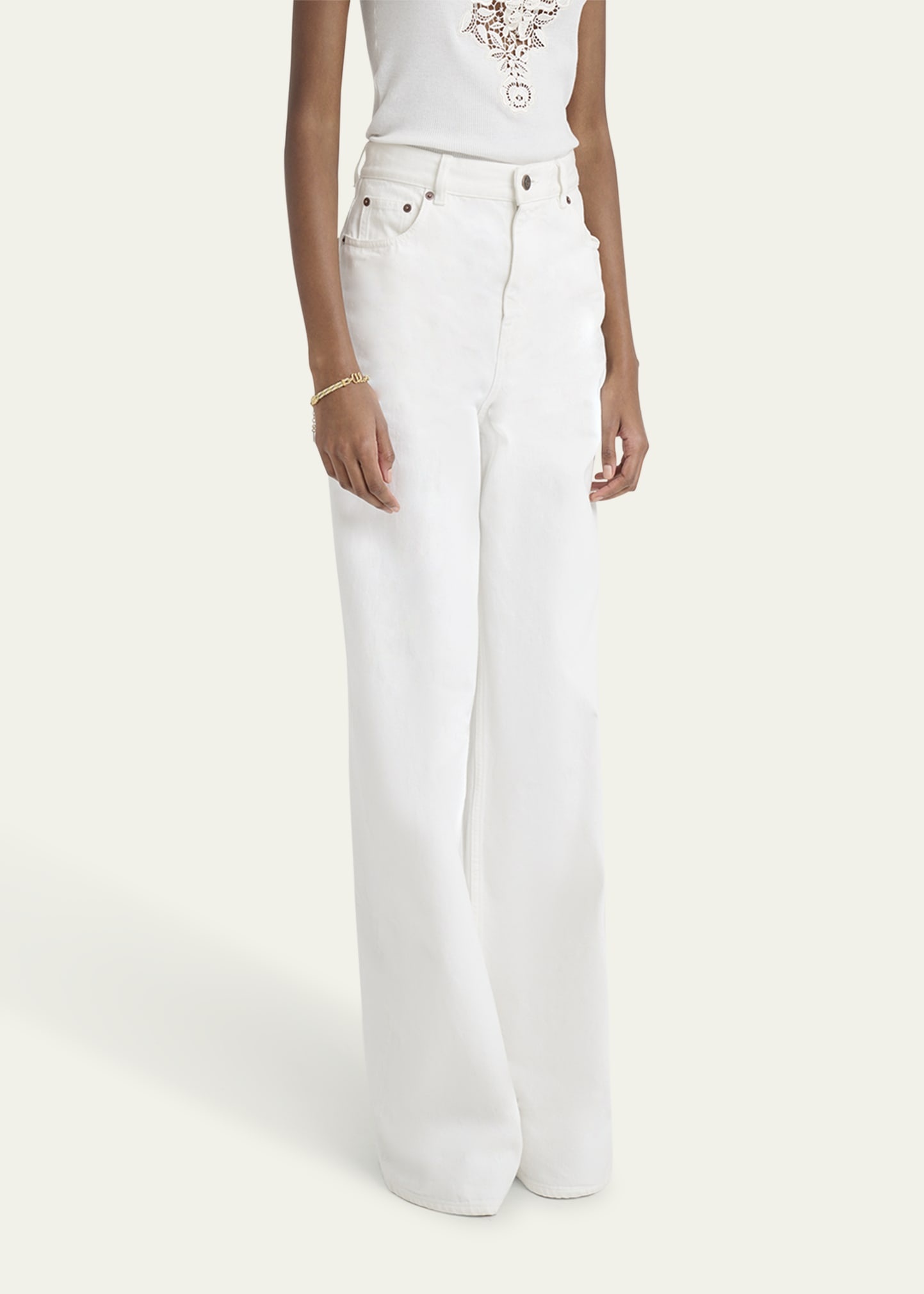 High-Rise White Denim Wide-Leg Palazzo Pants - 4