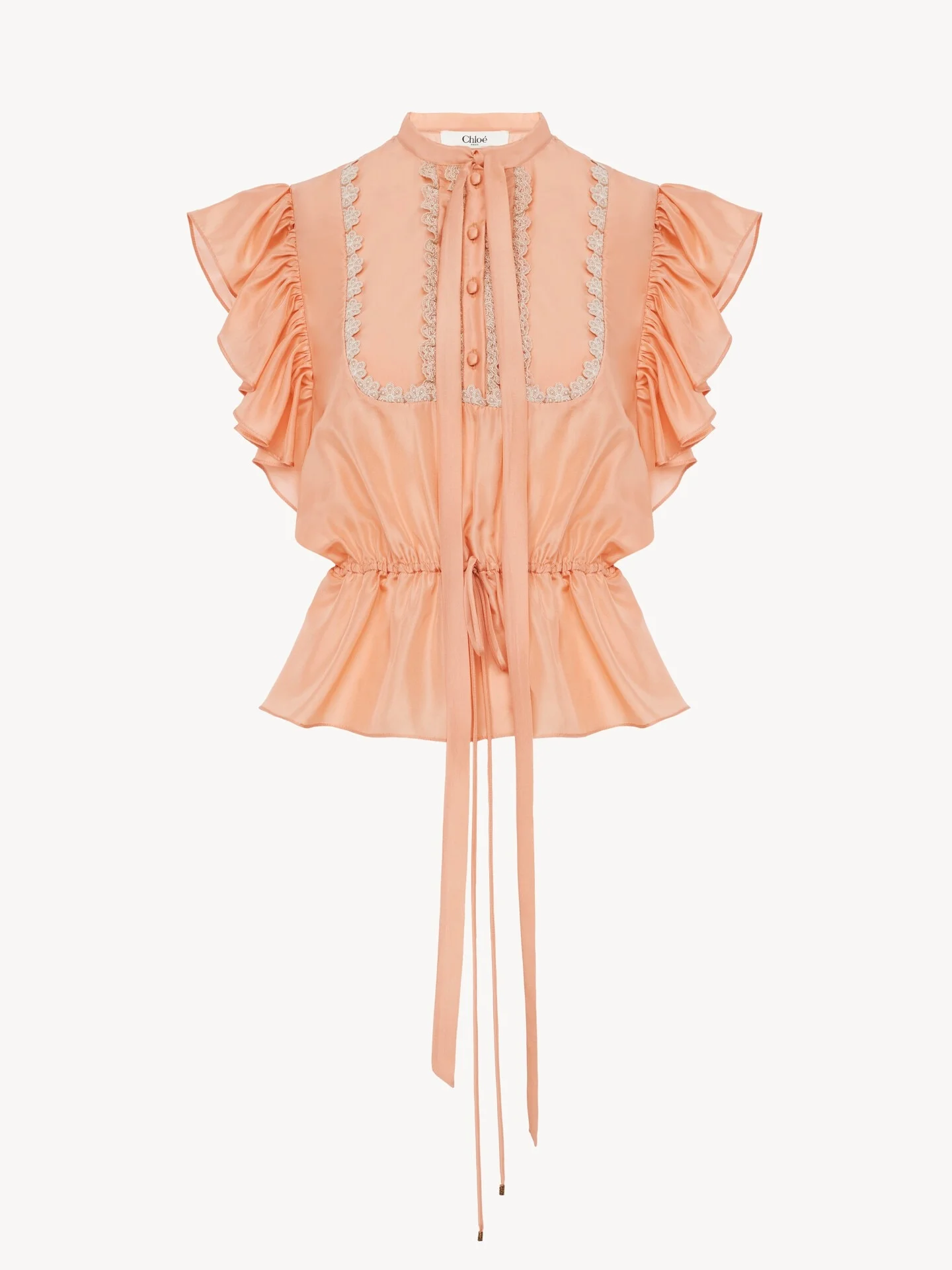 SHORT-SLEEVE RUFFLE TOP IN WASHED SILK HABOTAI & LACE - 1
