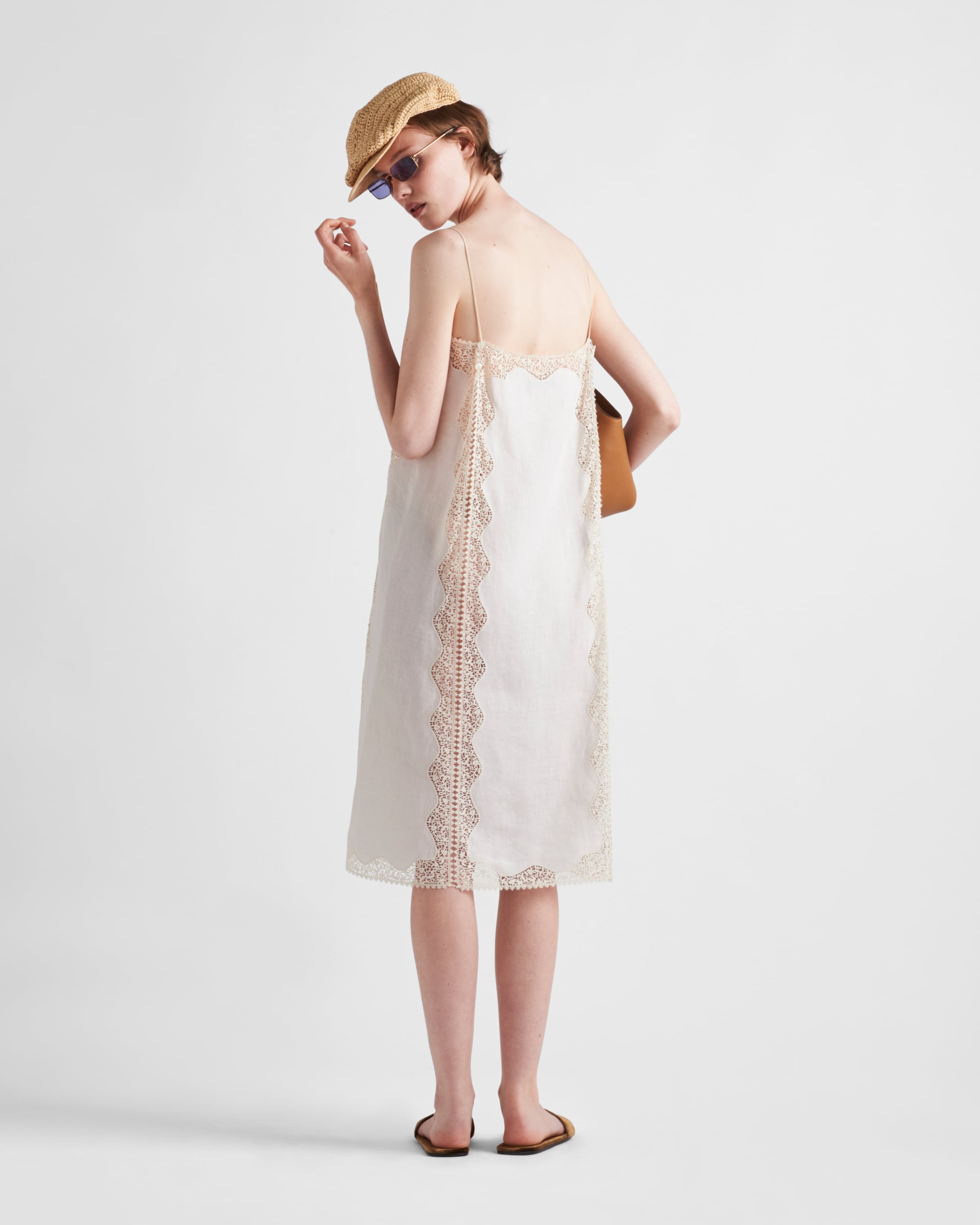 【プラダ・PRADA】Embroidered lace midi-dress Prada Linen Midi Dress with Lace Embroidery - Bergdorf Goodman