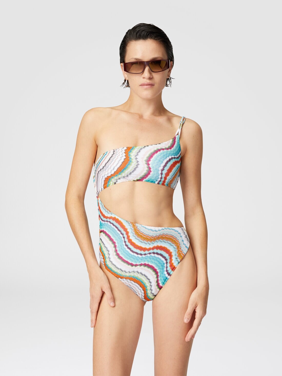 One-shoulder one-piece swimsuit with lamé wave motif and cut-out detail - 2