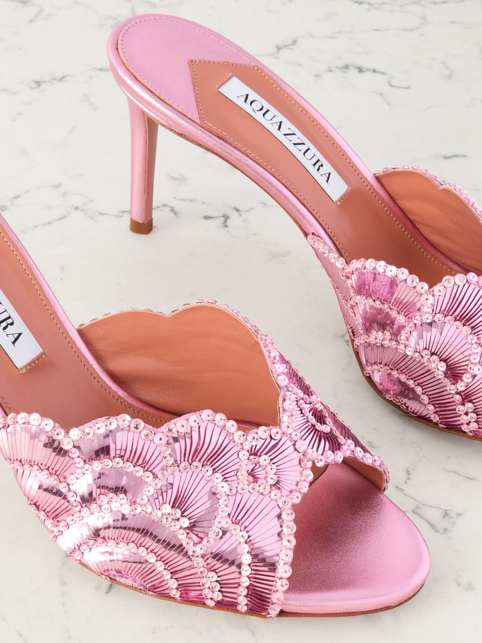 Ce Soir 75 embellished scalloped metallic leather mules Pink - 4