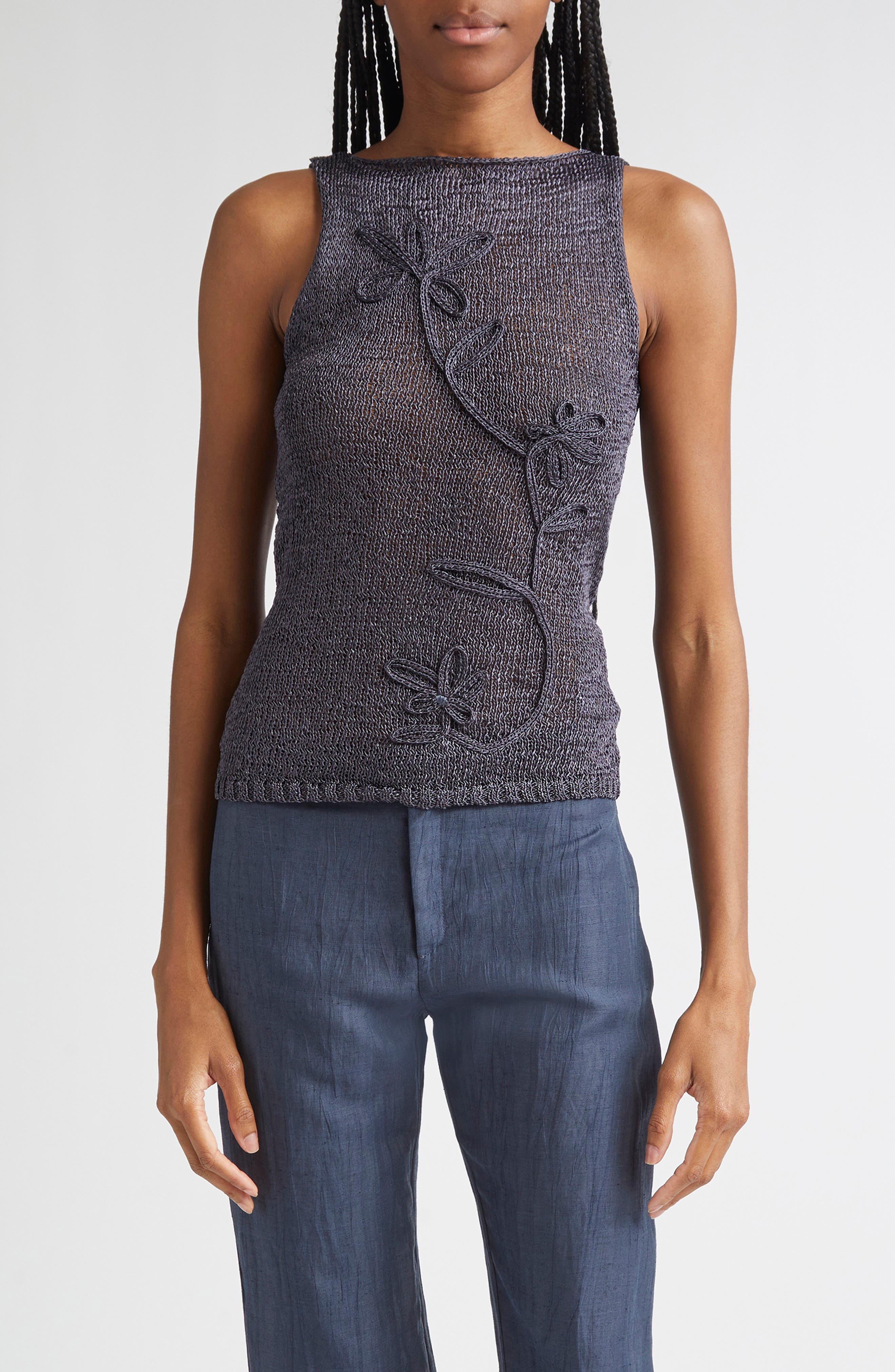 Paloma Wool Skipp Floral Embroidered Sleeveless Top in Dark Grey at Nordstrom - 1
