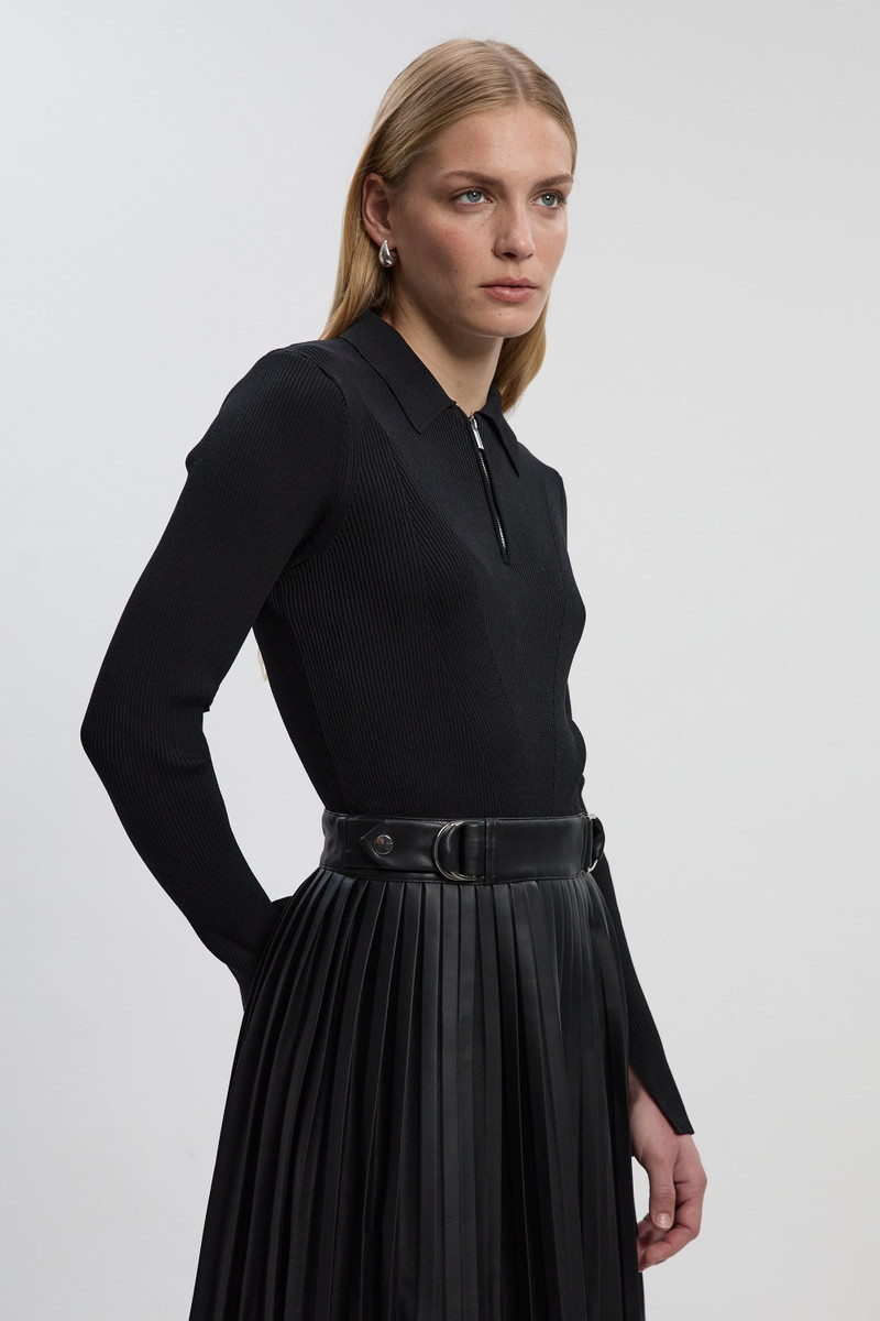 KAREN MILLEN Knitted Zip Neck Pu Mix Pleated Midi Dress outlook