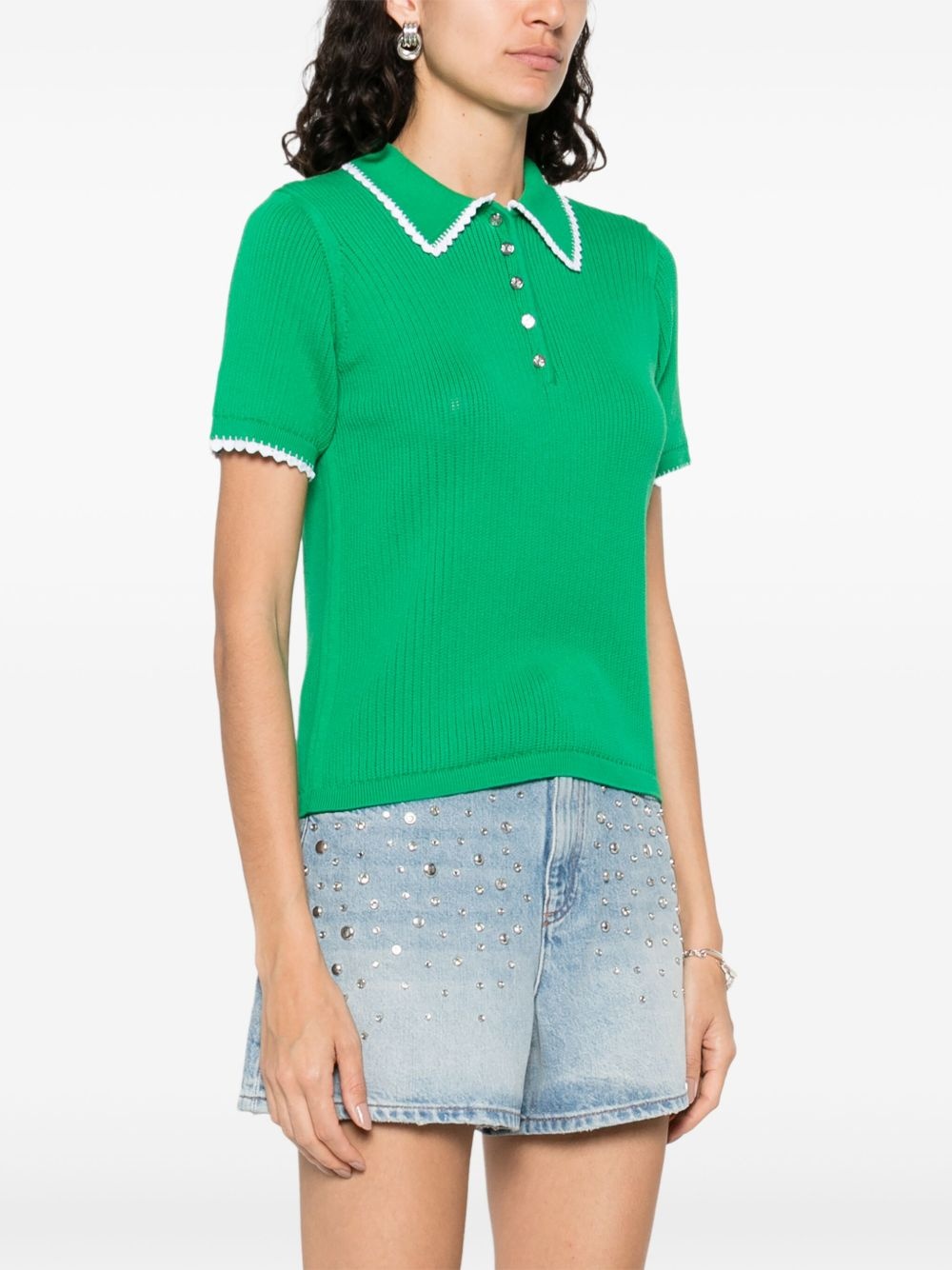 pointelle-knit crochet polo top - 3