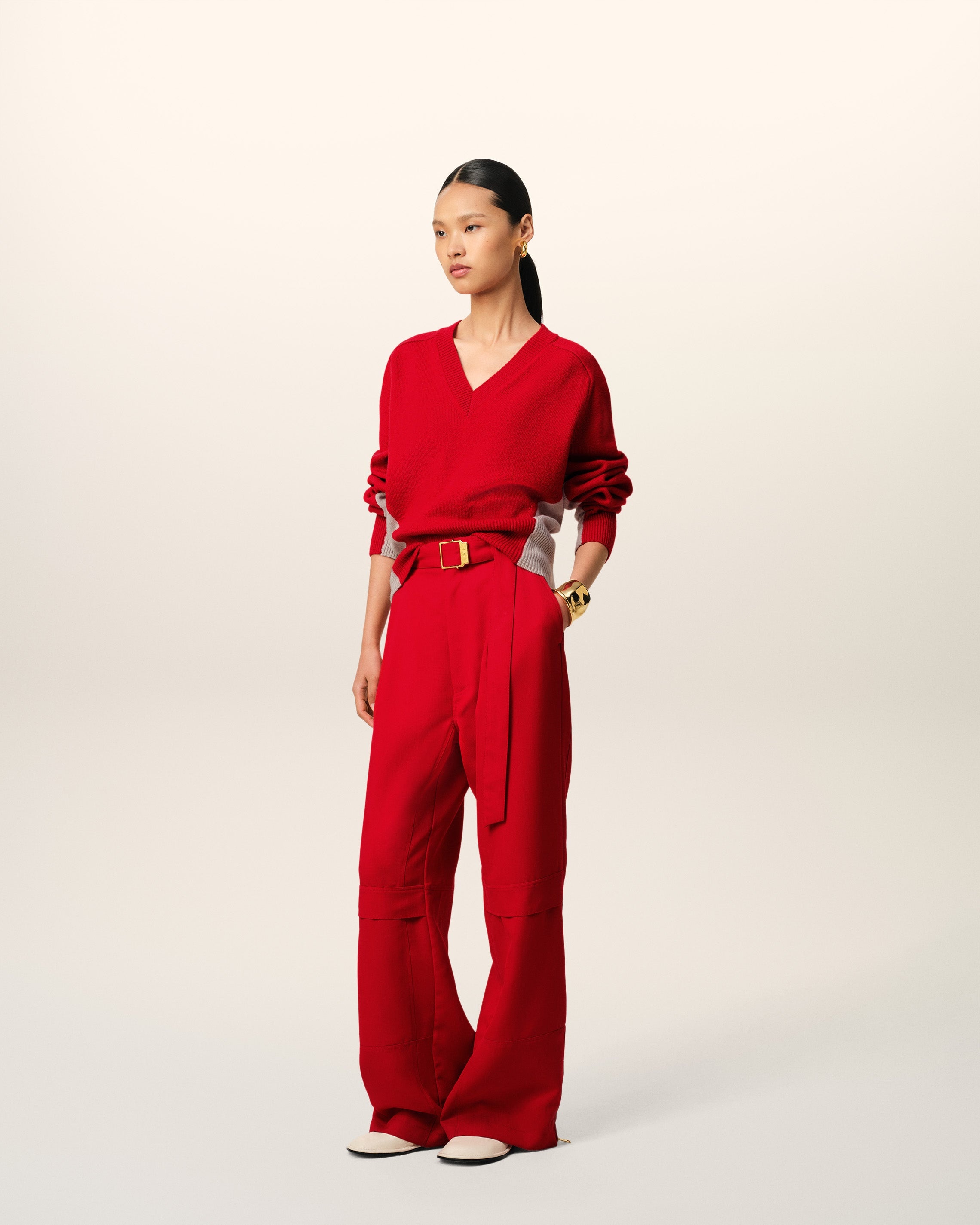 RED WOOL KNIT BICOLOR V NECK SWEATER - 2