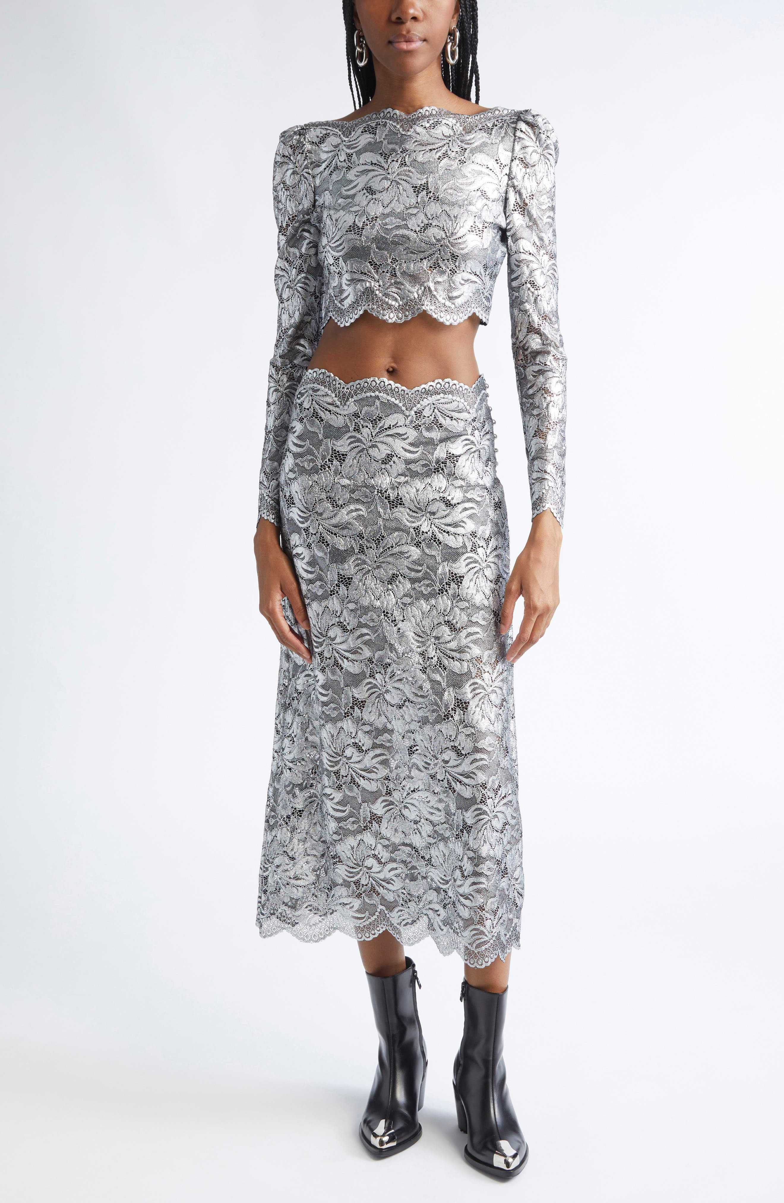 Rabanne Metallic Stretch Lace Skirt in Black /Silver at Nordstrom - 2
