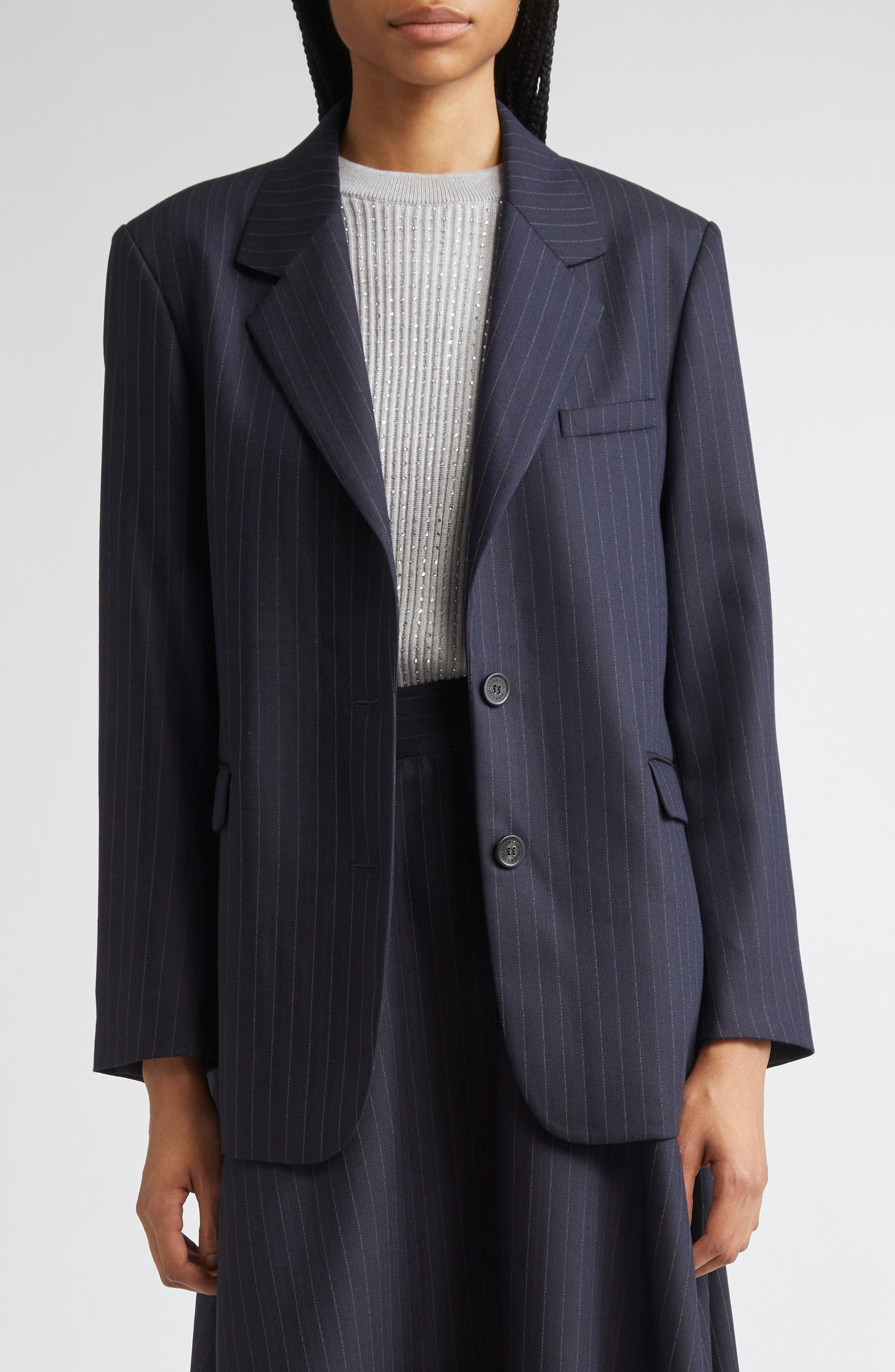 Golden Goose Journey Pinstripe Wool Blend Blazer in Dark Navy at Nordstrom - 1