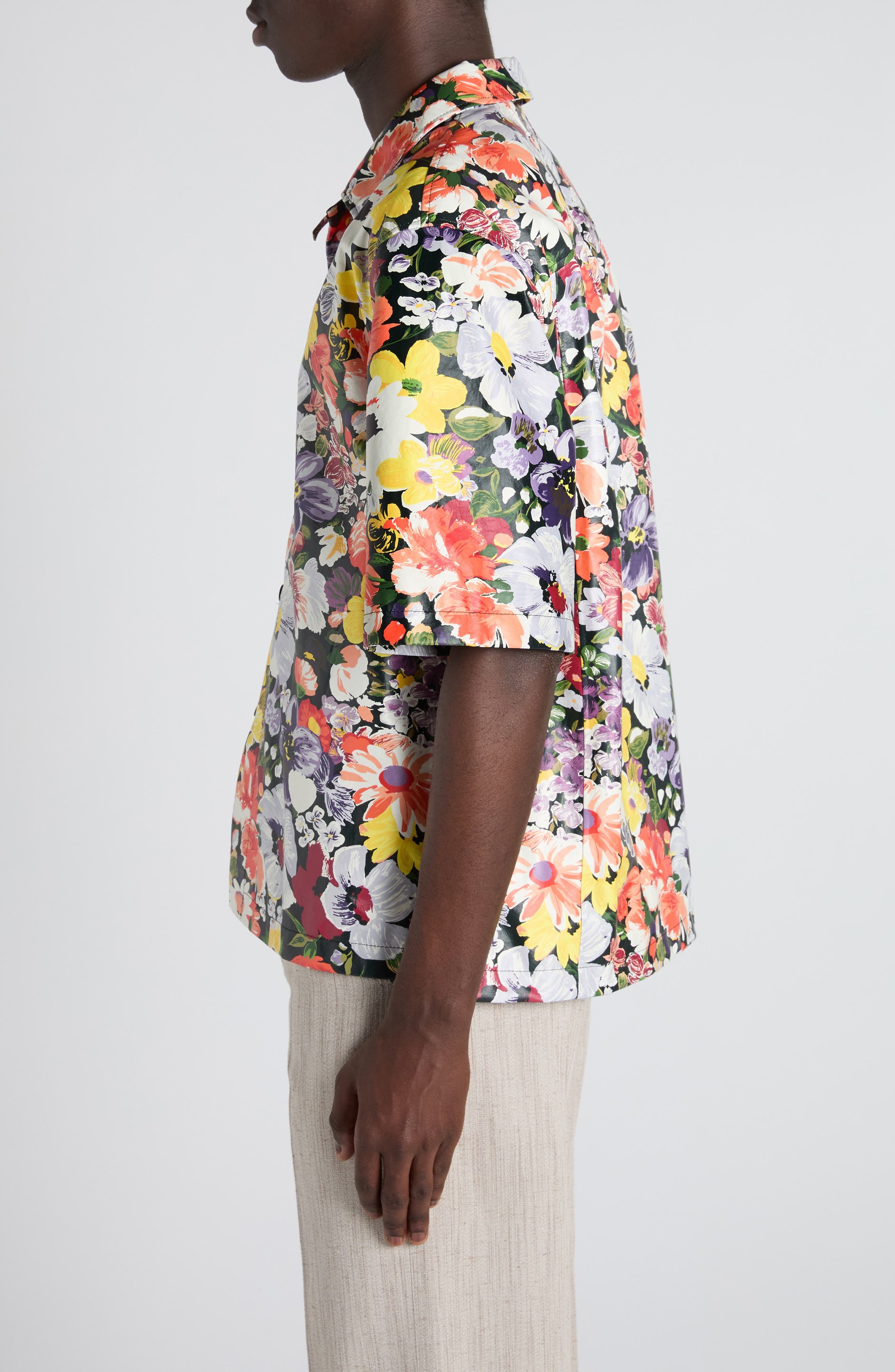 Bottega Veneta Floral Print Leather Camp Shirt in 8383 Multicolor at Nordstrom - 4