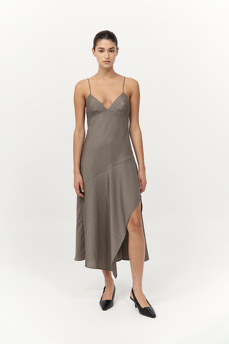 Asymmetric Slip Dress - Khaki Pinstripe - 5