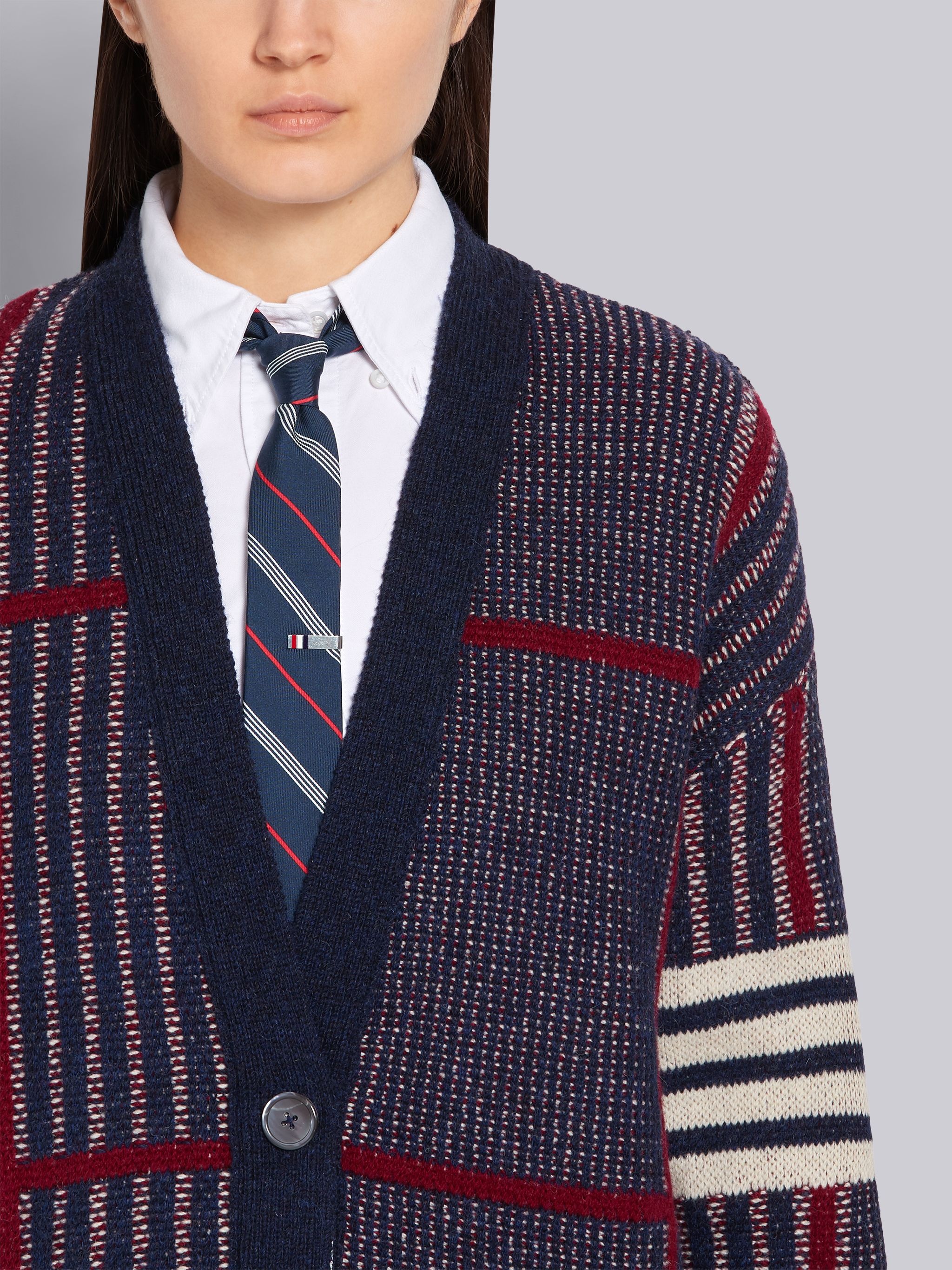 Tricolor Shetland Wool Check Jacquard Oversized V-neck 4-Bar Cardigan - 4