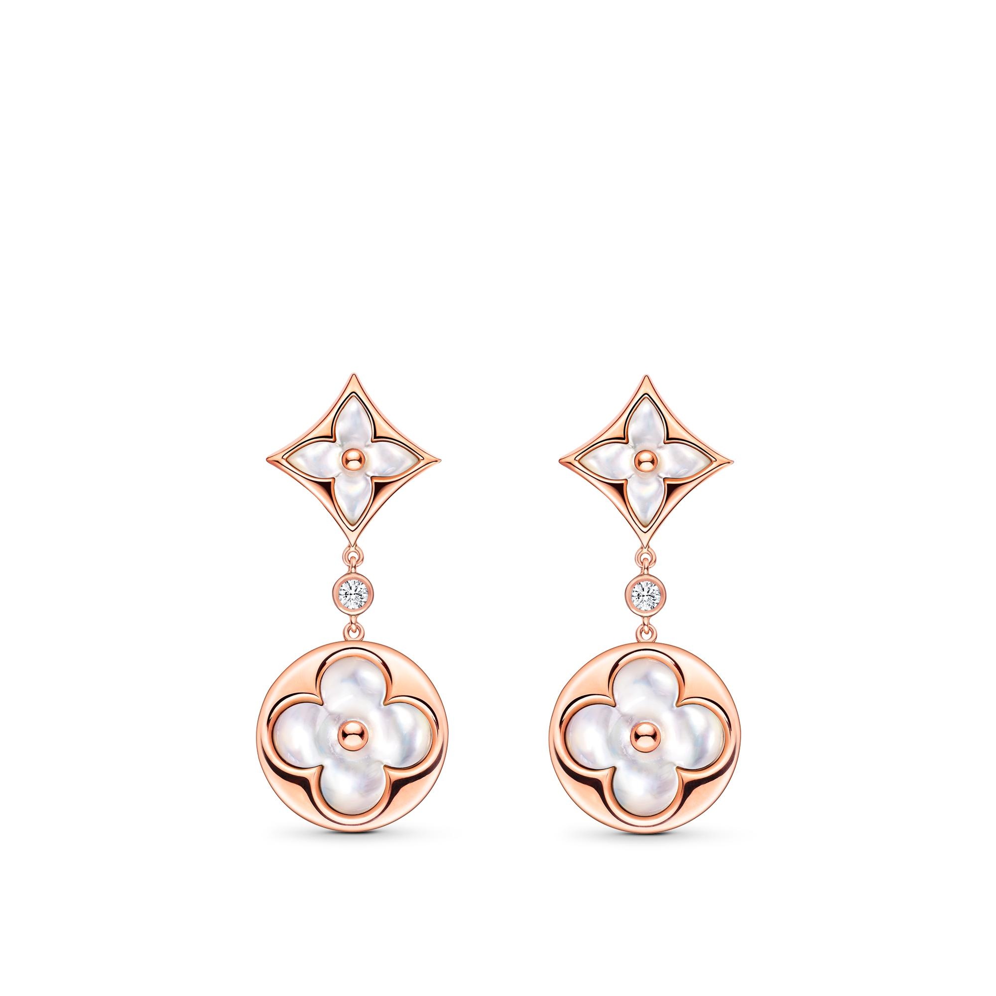 Color Blossom Long Earrings, Pink Gold, White Mother-Of-Pearl And Diamonds - 1