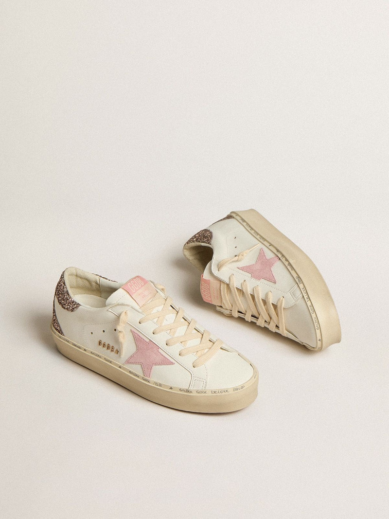 Golden Goose Hi Star in white leather with pink suede star and pink glitter heel tab outlook