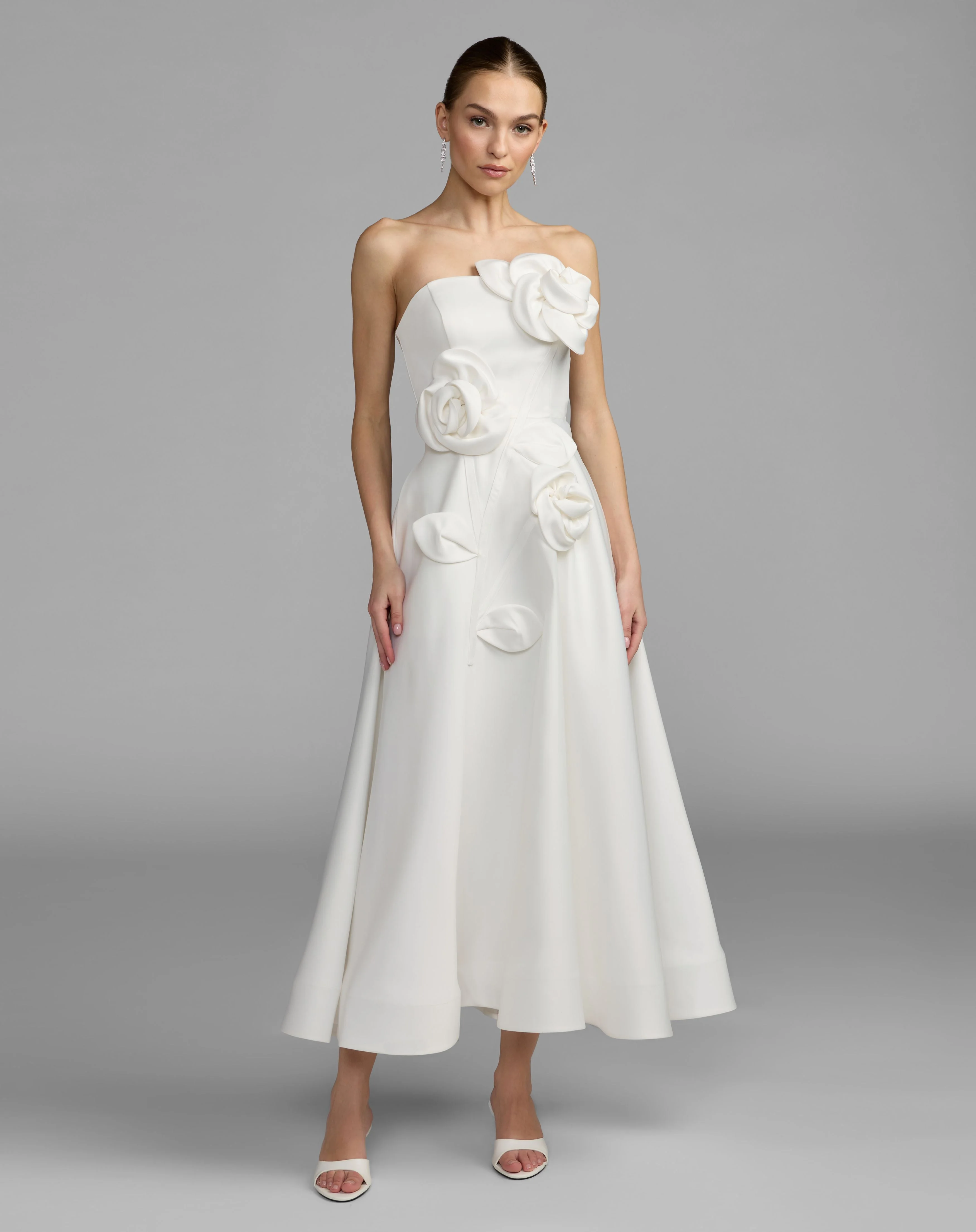 Ivory Strapless Satin A-Line Dress With 3D Flowers - 1