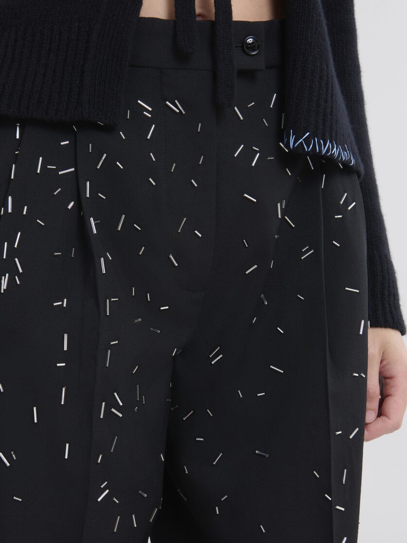 BLACK STRAIGHT CUT WOOL TROUSERS WITH BEAD DETAIL - 4