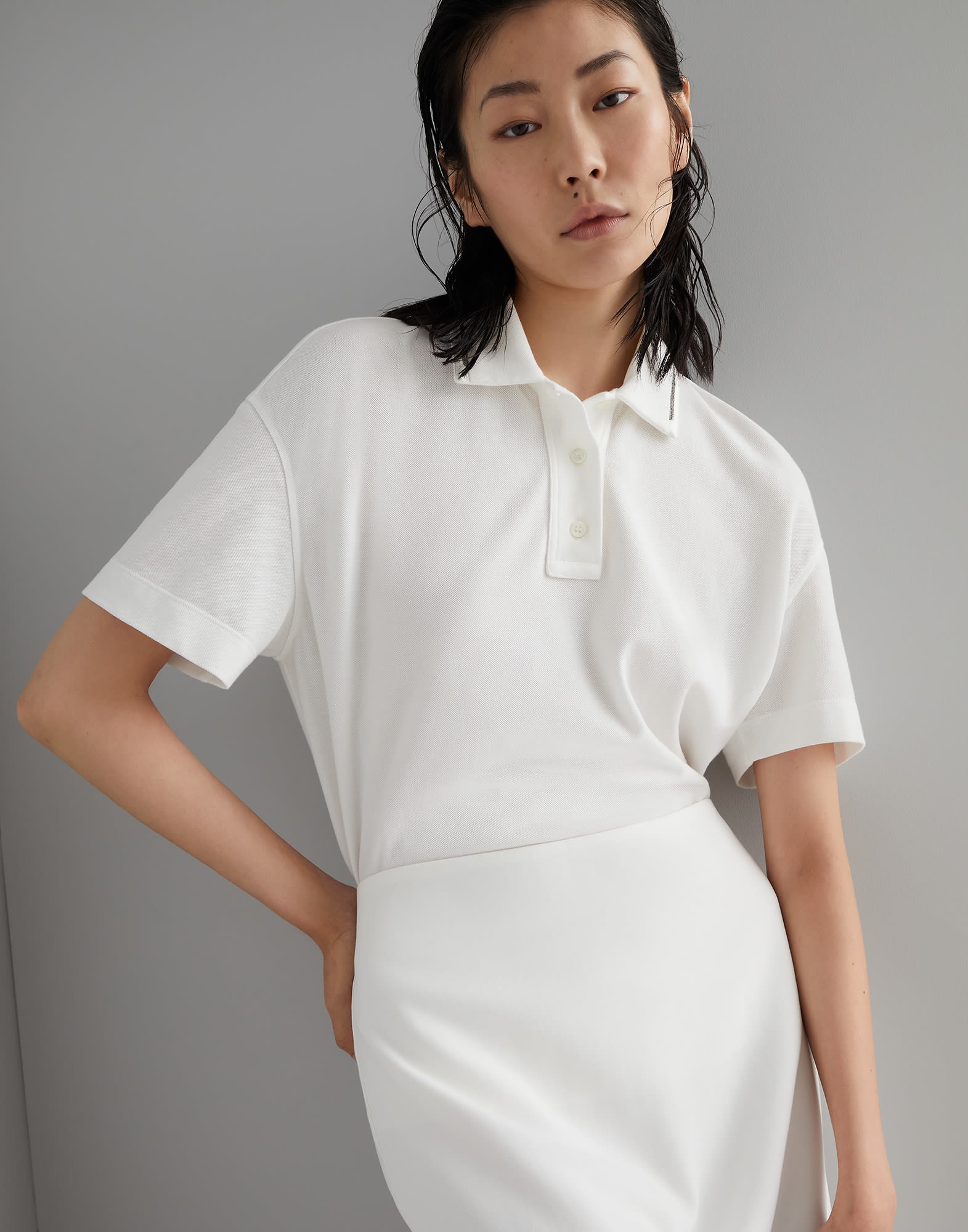 Cotton piqué polo shirt with shiny collar trim - 4