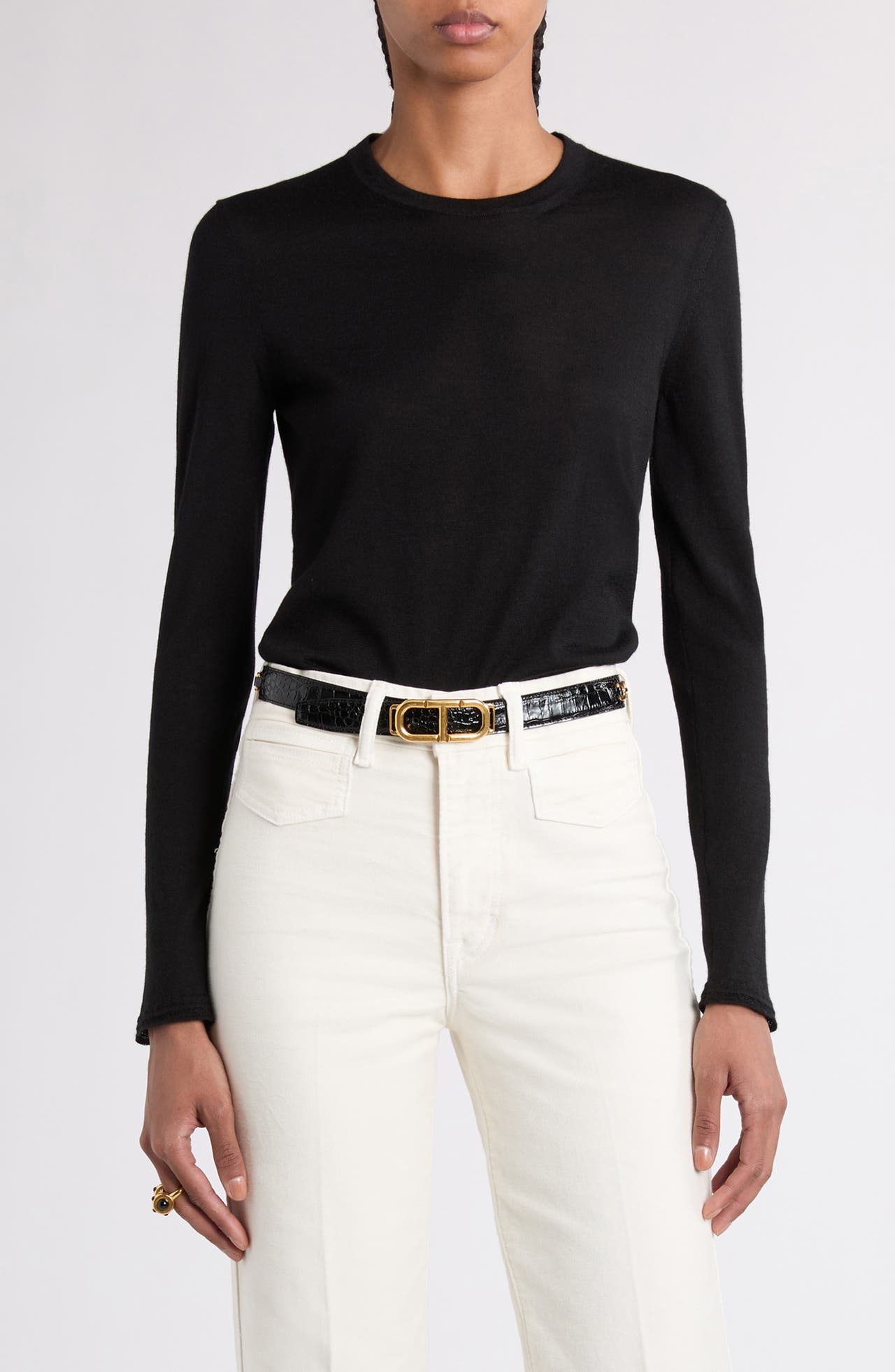 TOM FORD Fine Gauge Cashmere & Silk Crewneck Sweater in Lb999 Black at Nordstrom - 1