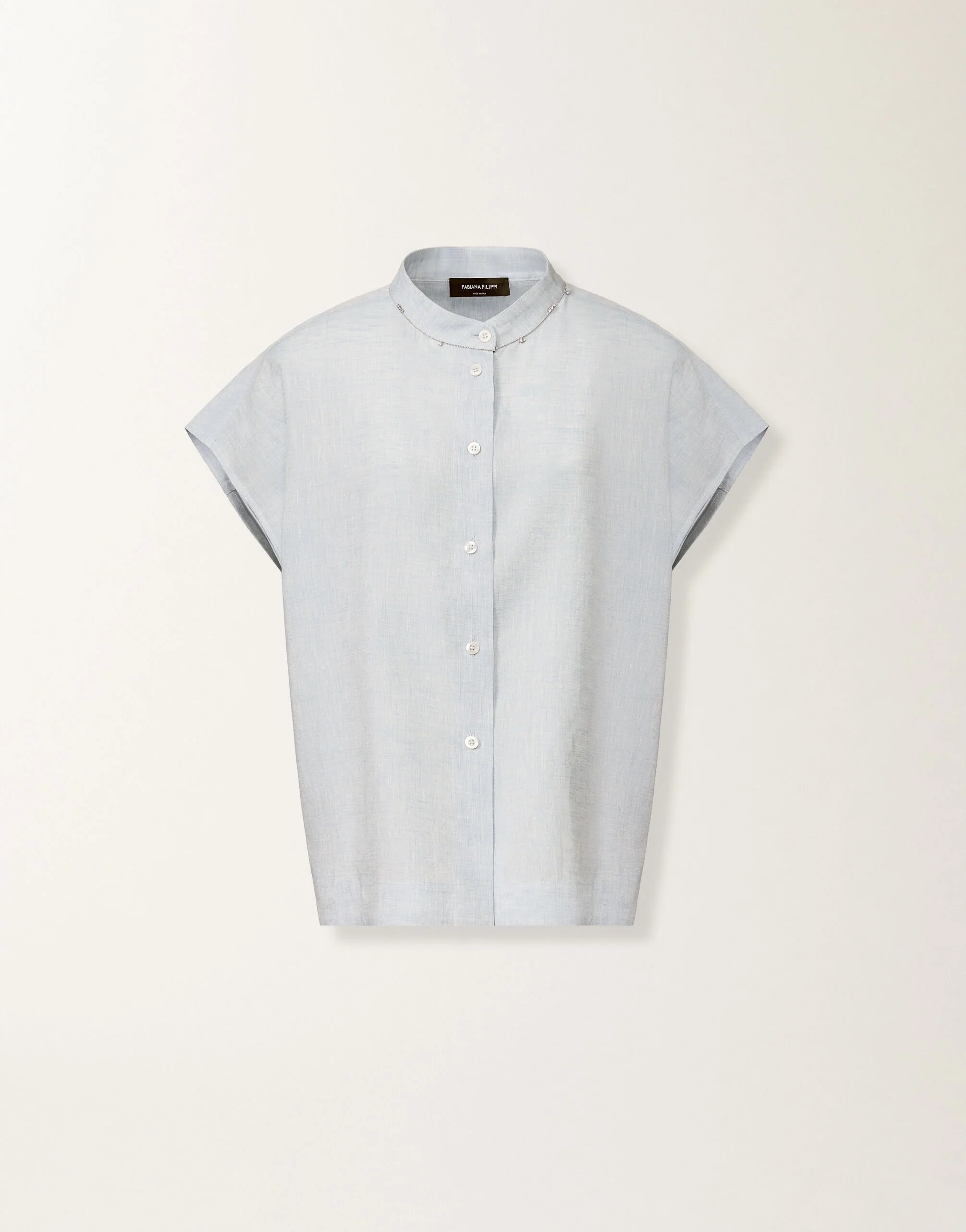 Sleeveless shirt in sky-blue linen fabric - 1