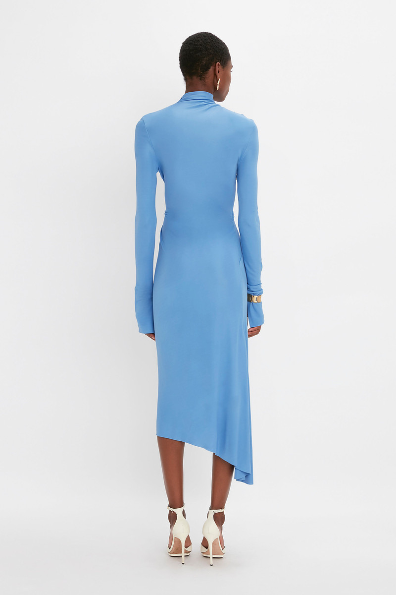 High Neck Asymmetric Draped Dress In Oxford Blue 4