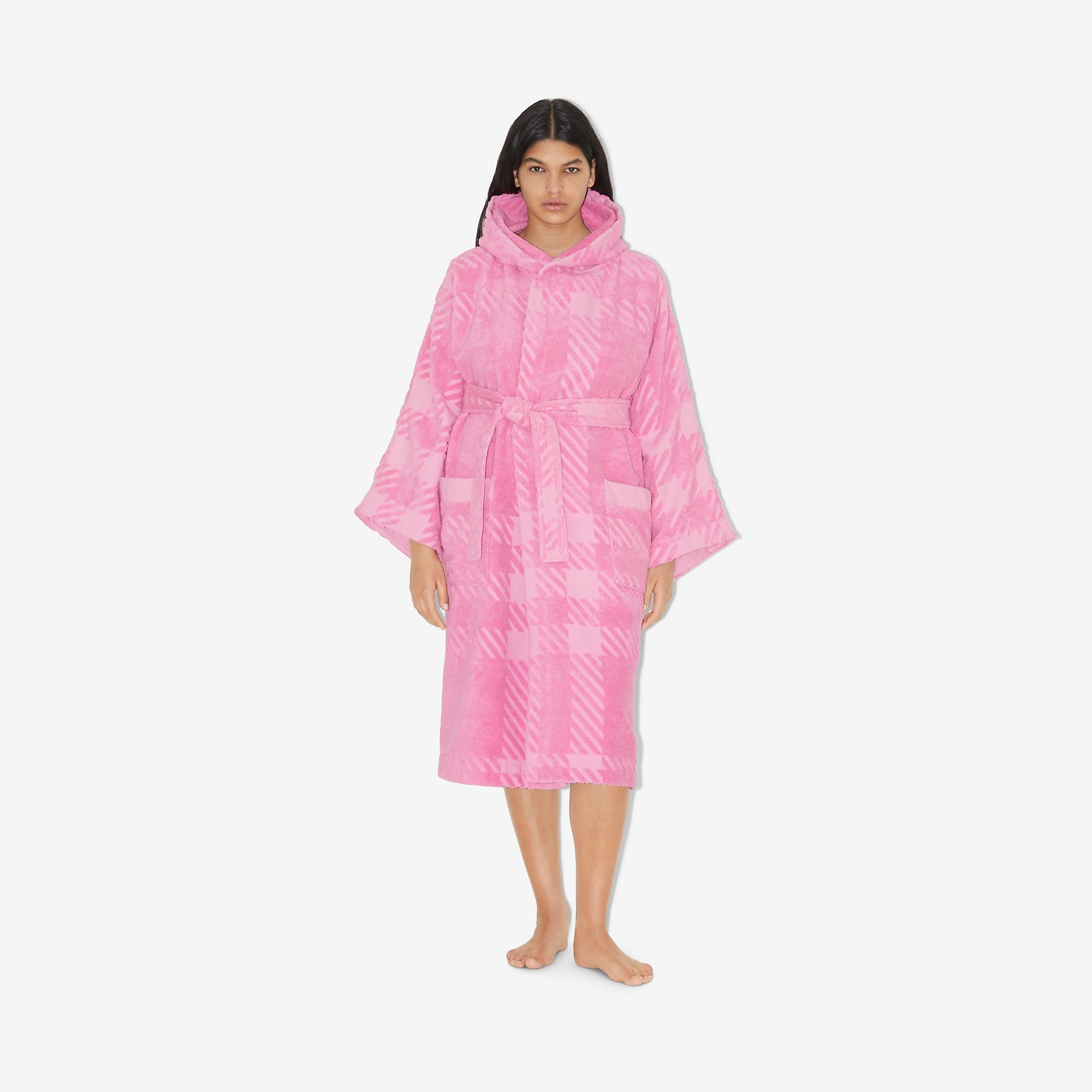 Check Cotton Jacquard Hooded Robe - 2