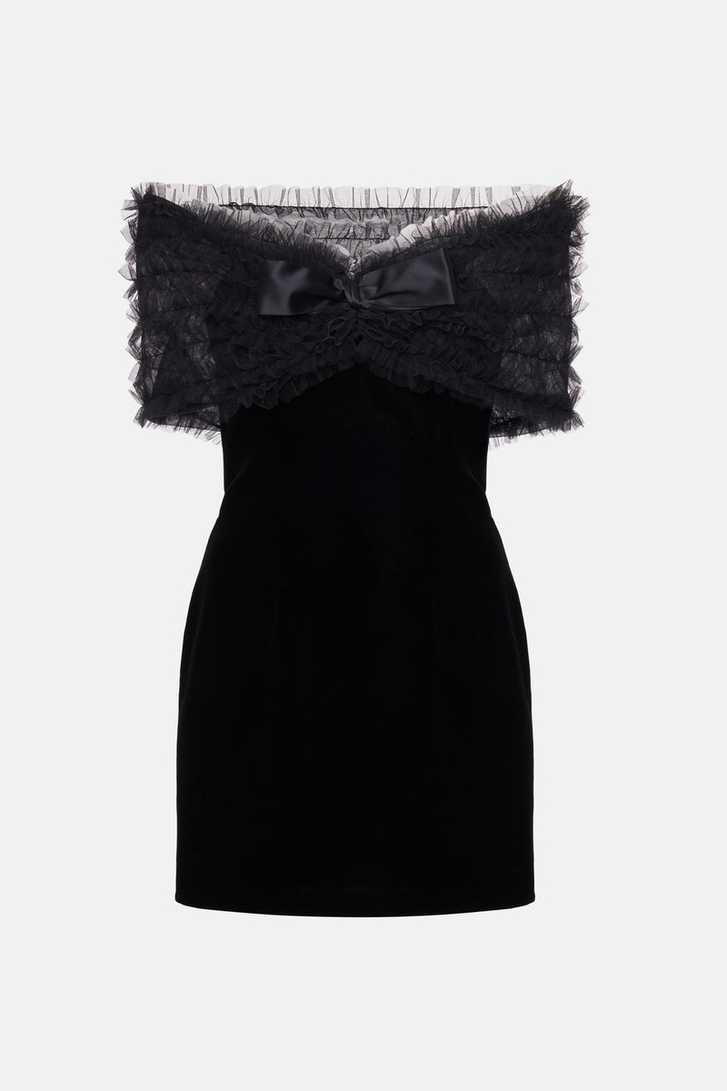 VELVET OFF THE SHOULDER MINI DRESS W/ RUCHED TULLE - 1