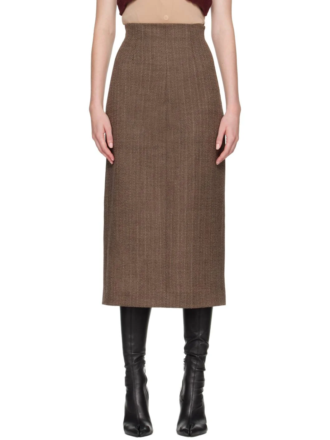 Brown Herringbone Virgin Wool Midi Skirt - 1
