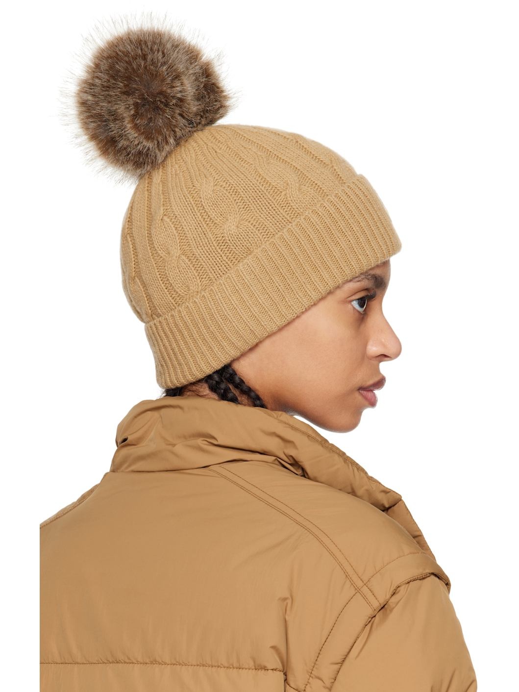 Beige Wool & Cashmere Pom Pom Beanie - 3