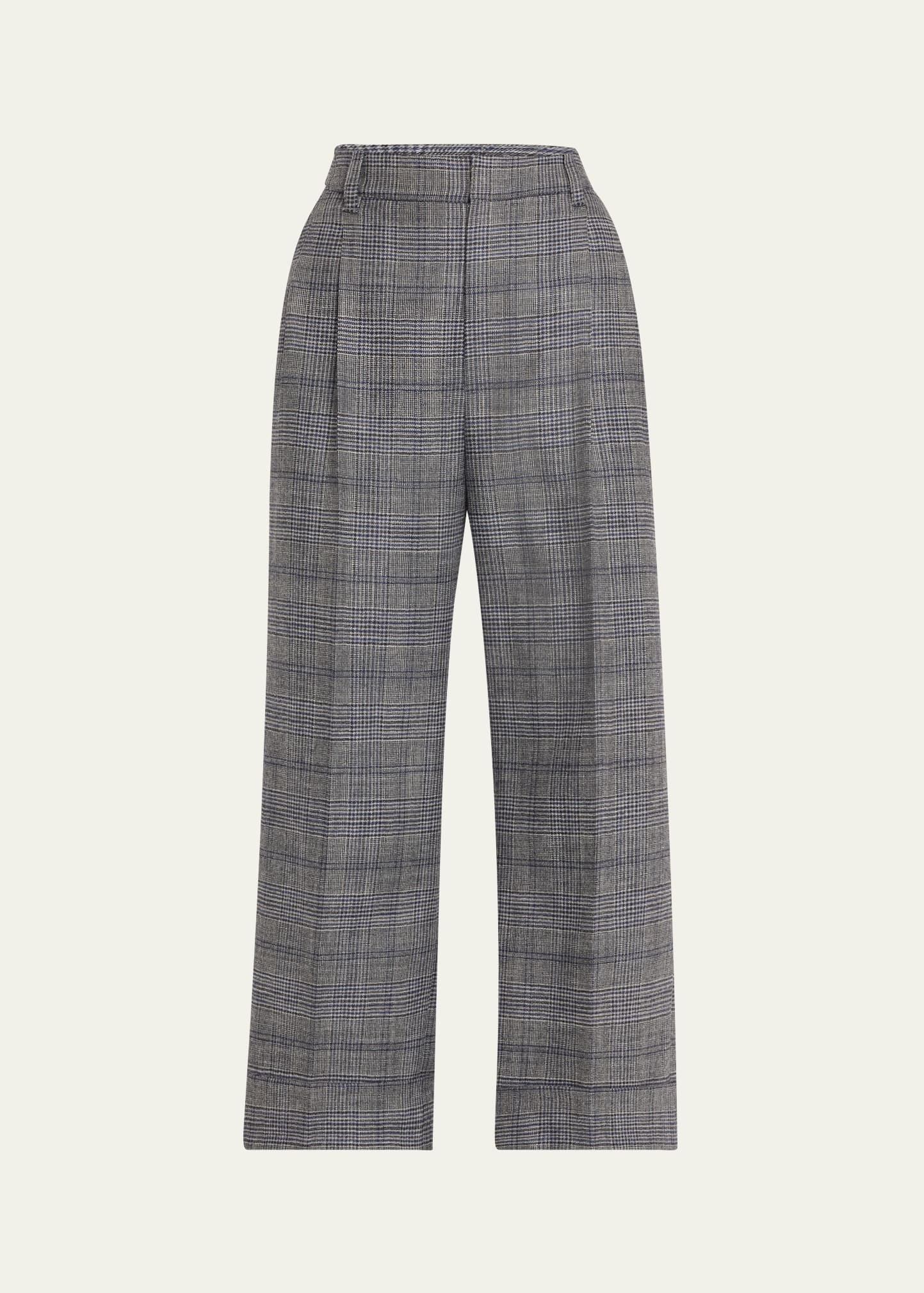 Pleated Wool Prince Of Wales Wide-Leg Crop Trousers - 1