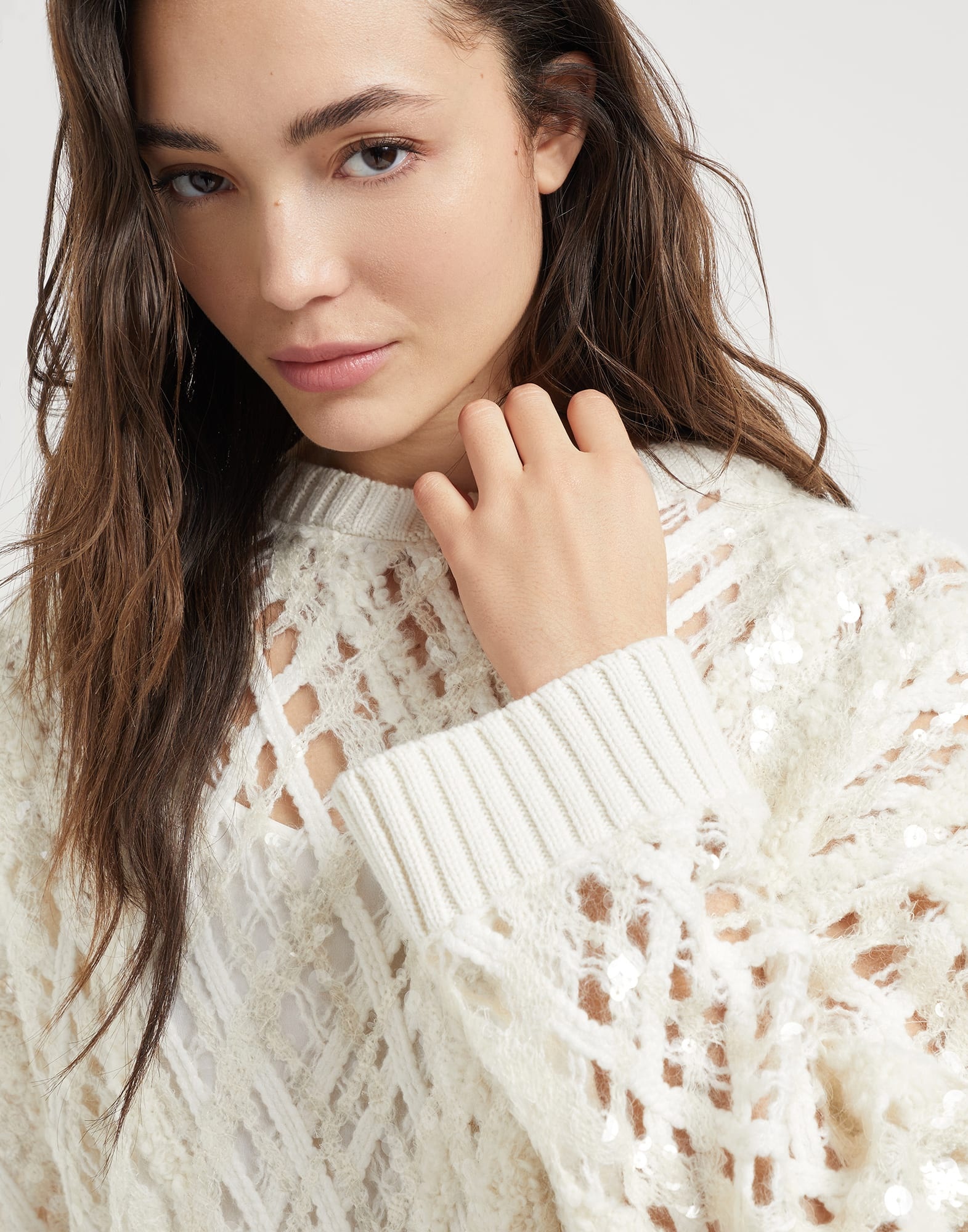Dazzling Mesh Embroidery dress in cashmere, mohair and alpaca with detachable feather insert - 3