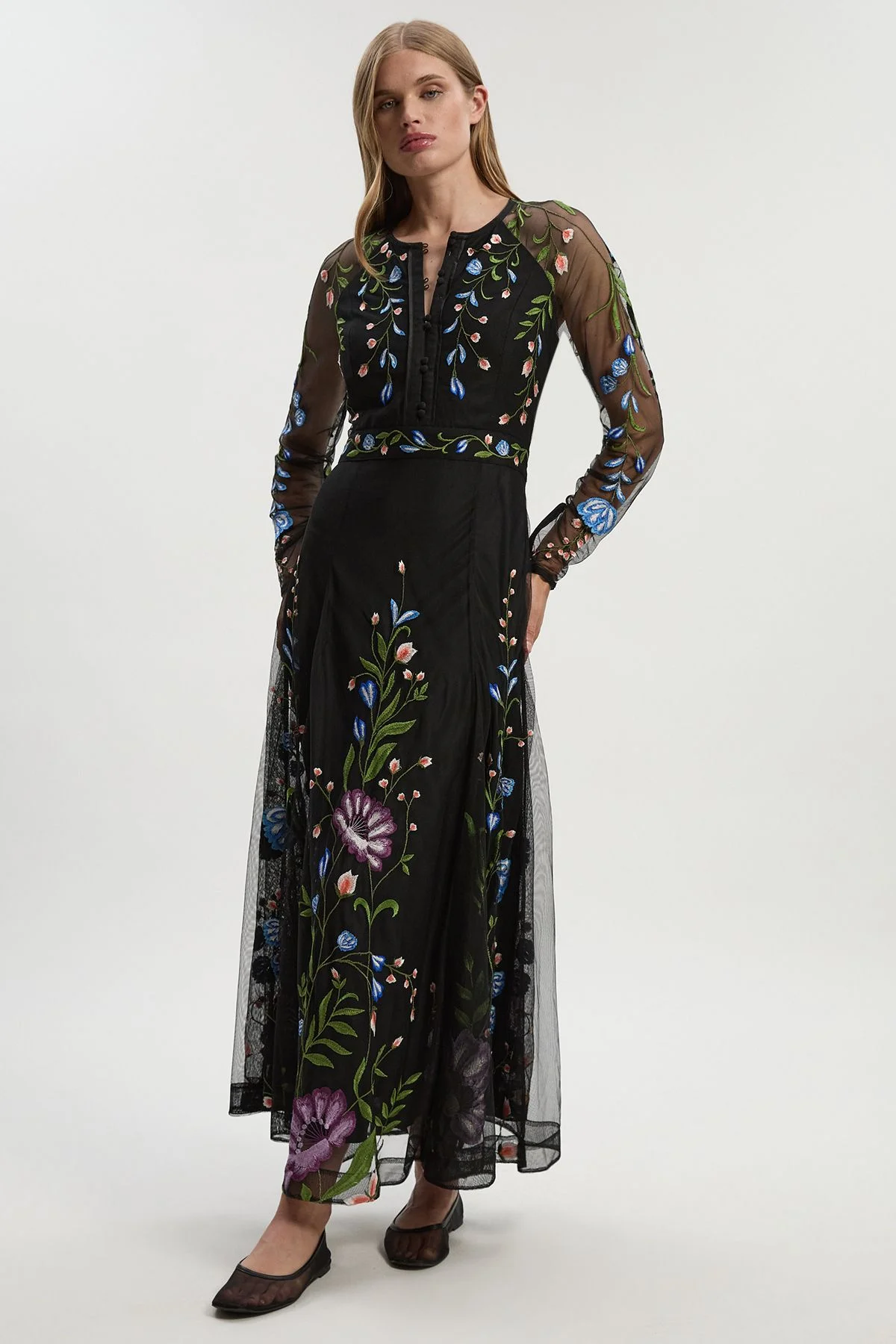 Petite Placed Floral Embroidered Mesh Woven Belted Maxi Dress - 1