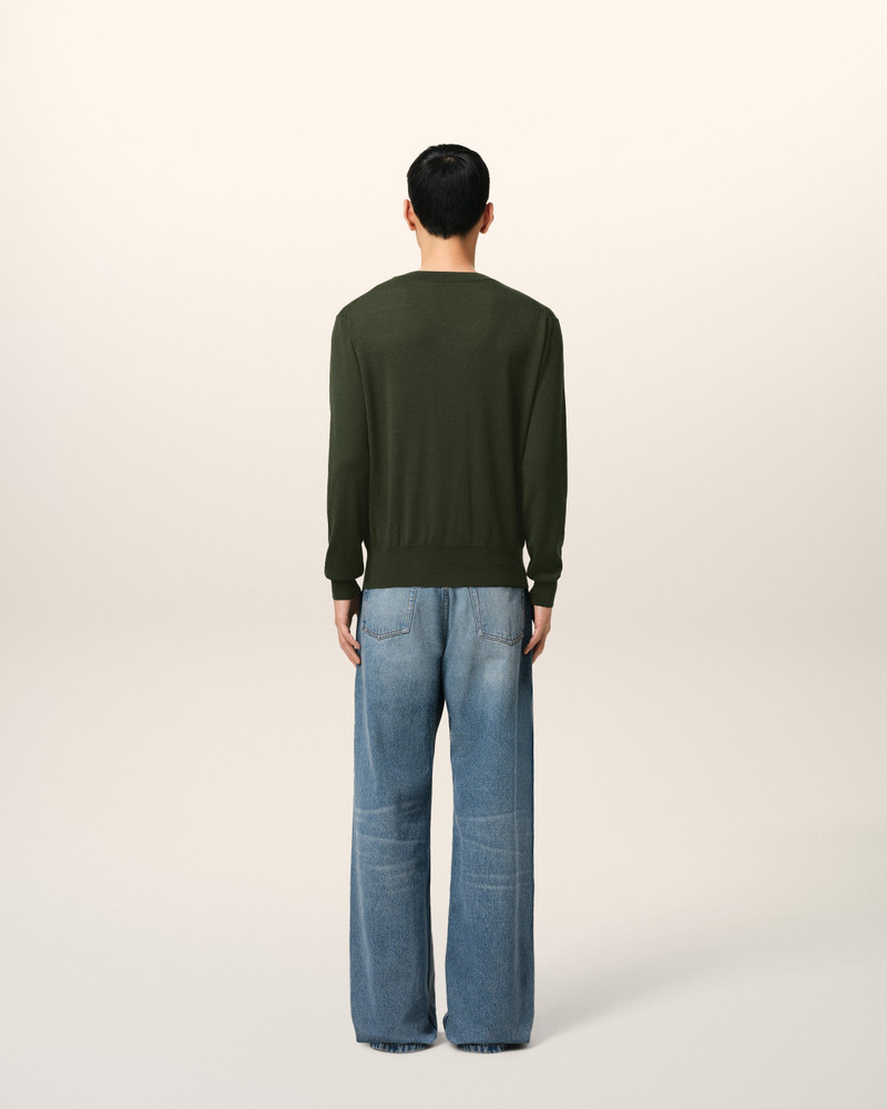 GREEN WOOL TONAL V NECK SWEATER 5