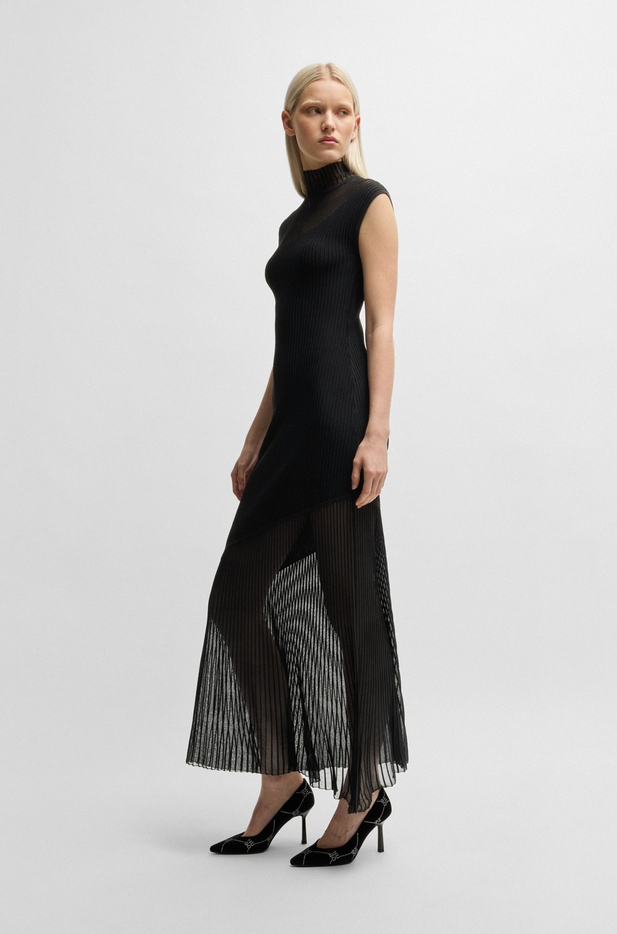 MOCK-NECK RIBBED CREPE MIDI DRESS WITH SHEER SECTIONS - 2