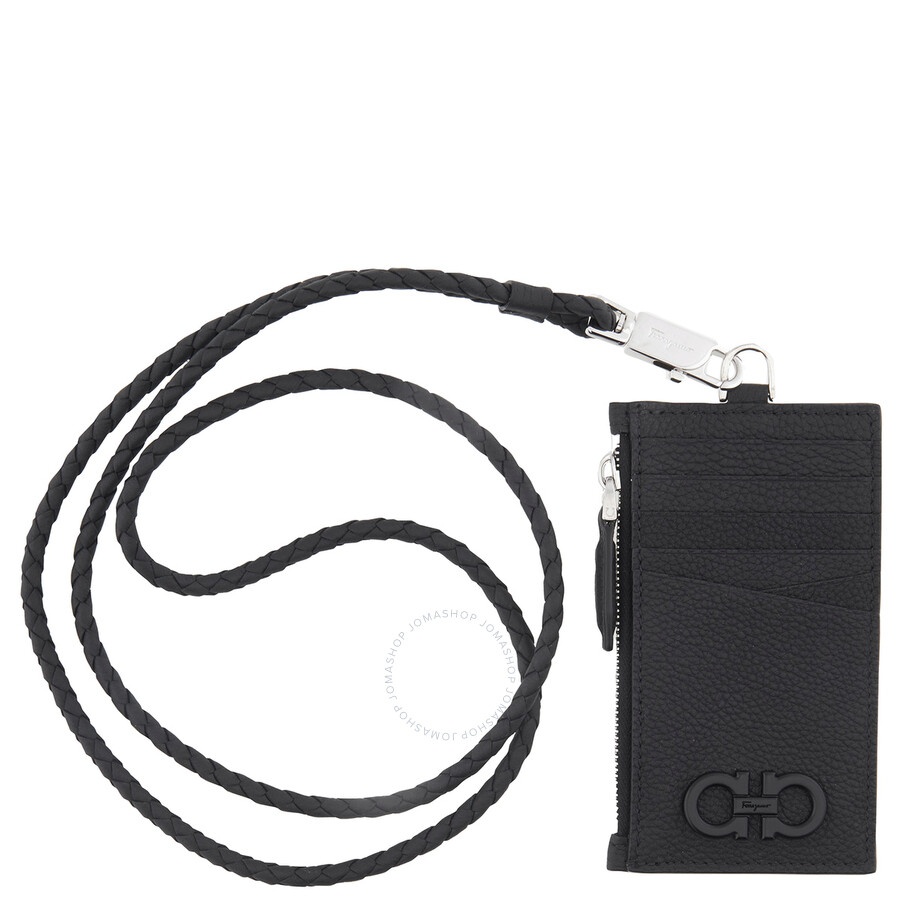 Salvatore Ferragamo Black Leather Gancini Card Holder With Strap - 1