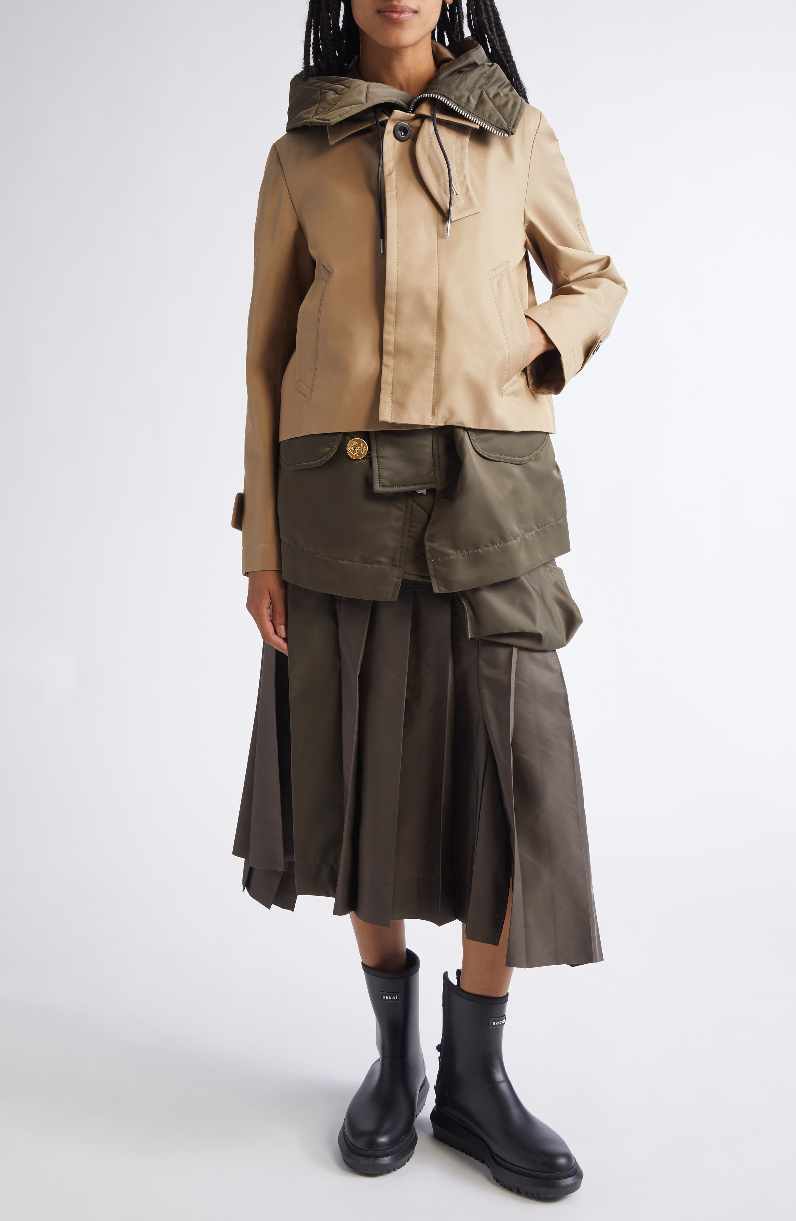Sacai Hooded Mixed Media Jacket in Beige/Dark Khaki at Nordstrom - 2