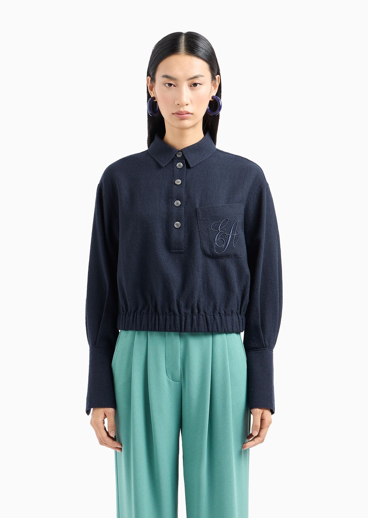 Washed wool crêpe shirt with a polo collar and EA signature embroidery - 2