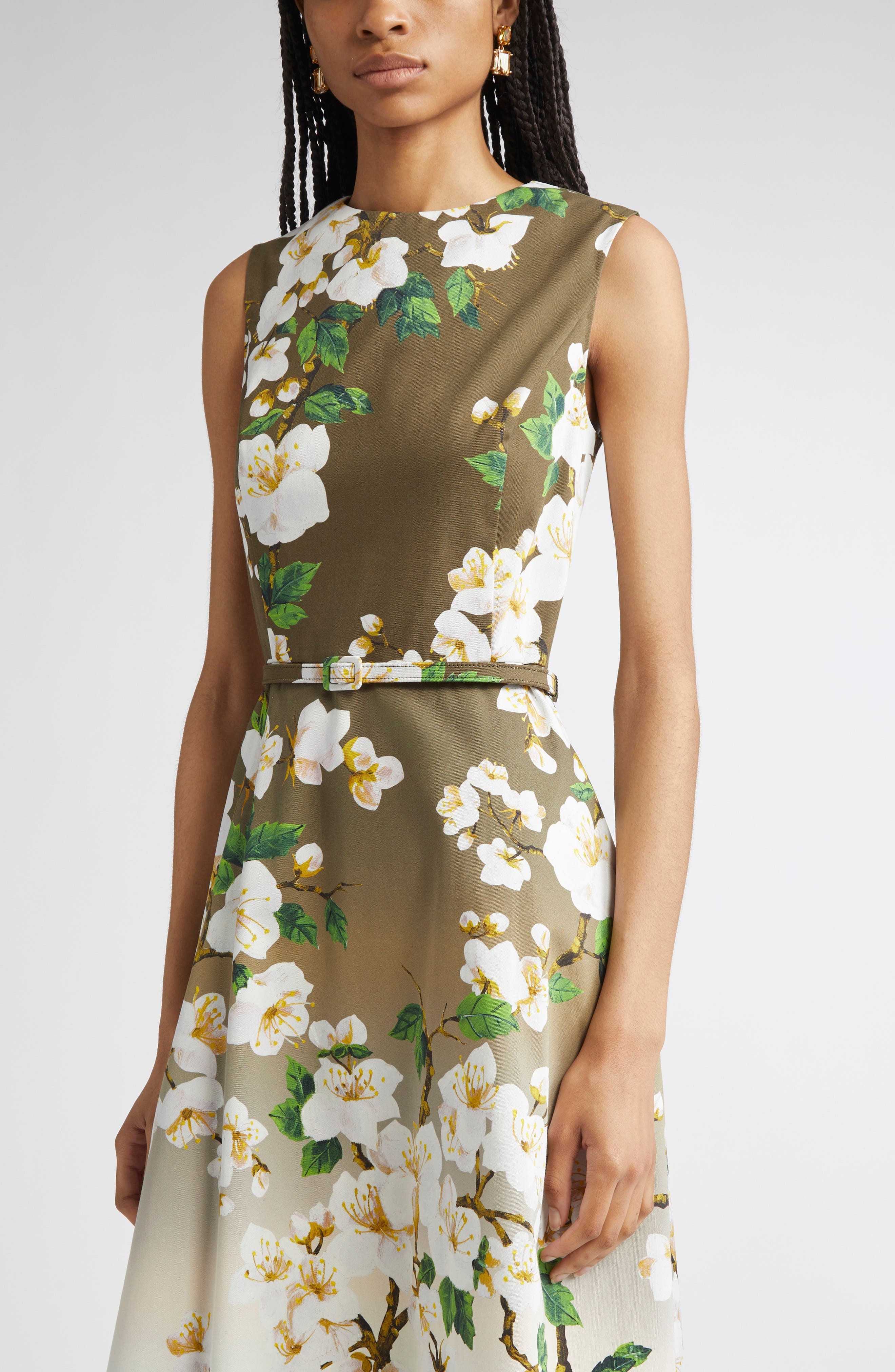 Oscar de la Renta Ombré Cherry Blossom Belted Poplin Midi Dress in White Khaki Ombre at Nordstrom - 4