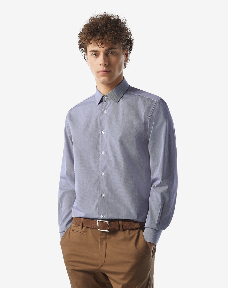 CORNELIANI Wrinkle-free cotton shirt with white and blue micro checks outlook