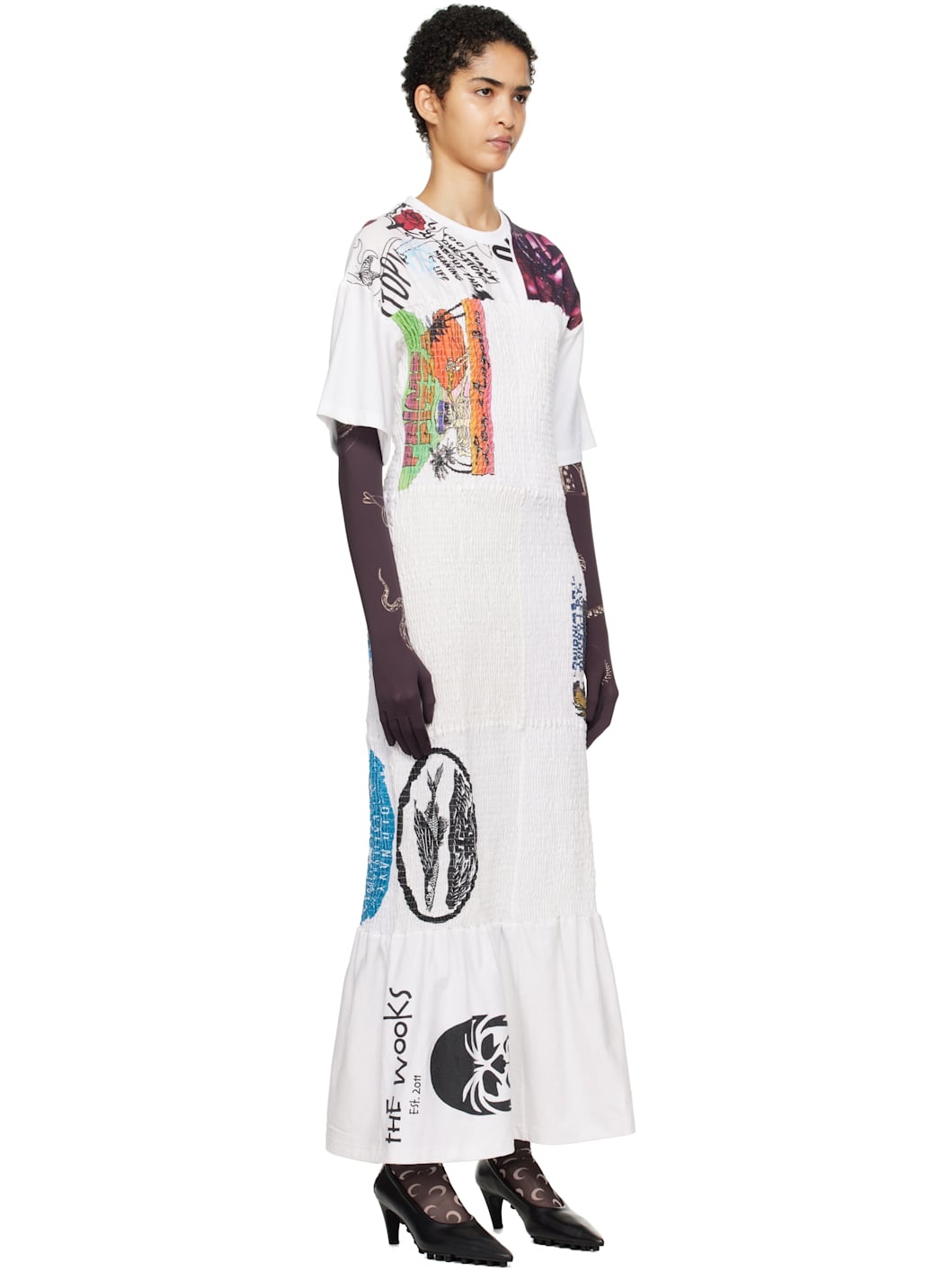 White Upcycled Shirred Fitted Maxi Dress - 2