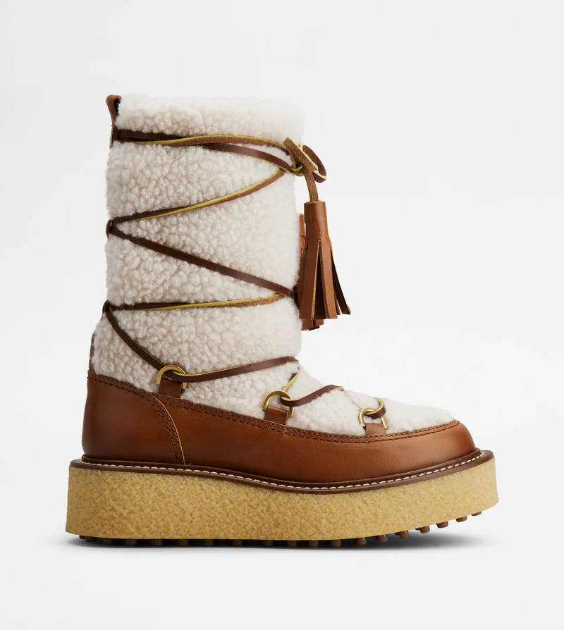 PLATFORM ANKLE BOOTS IN LEATHER AND WOOL - BROWN, 오프 화이트 - 1