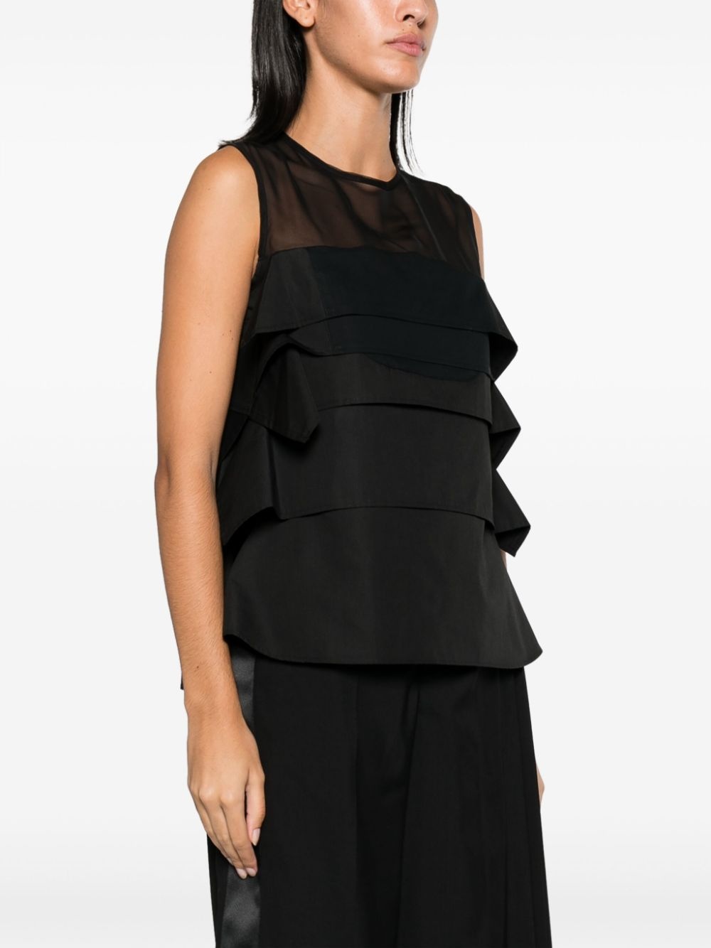 ruffled sheer-yoke sleeveless top - 3