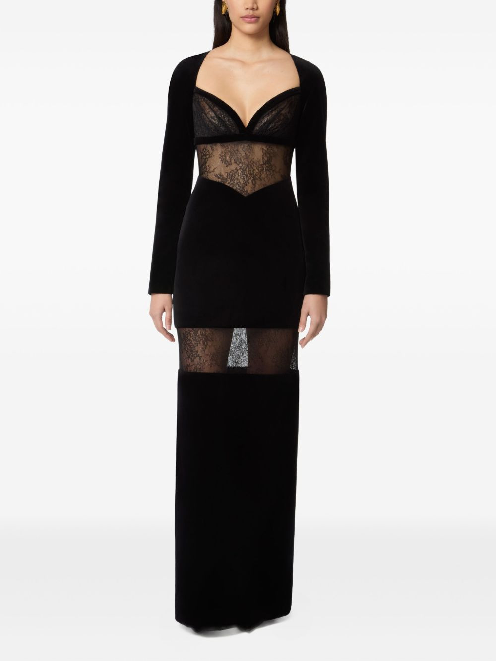 velvet lace-insert dress - 2