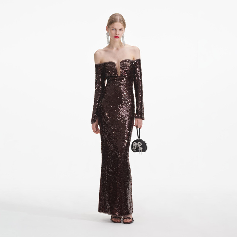 self portrait brown sequin dress self-portrait Off Shoulder Maxi - RS25-109X-BR over green