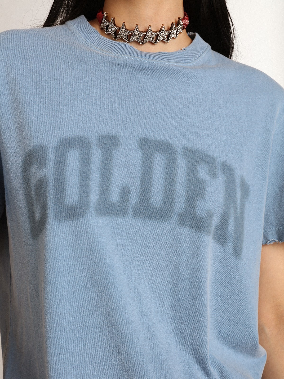 Women's harbor blue T-shirt with tone-on-tone Golden lettering - 4