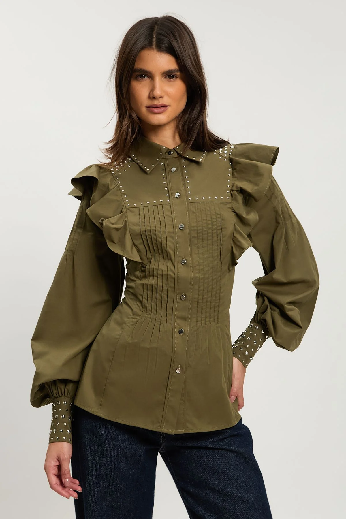 Petite Cotton Sateen Drama Sleeve Studded Woven Maxi Shirt - 1