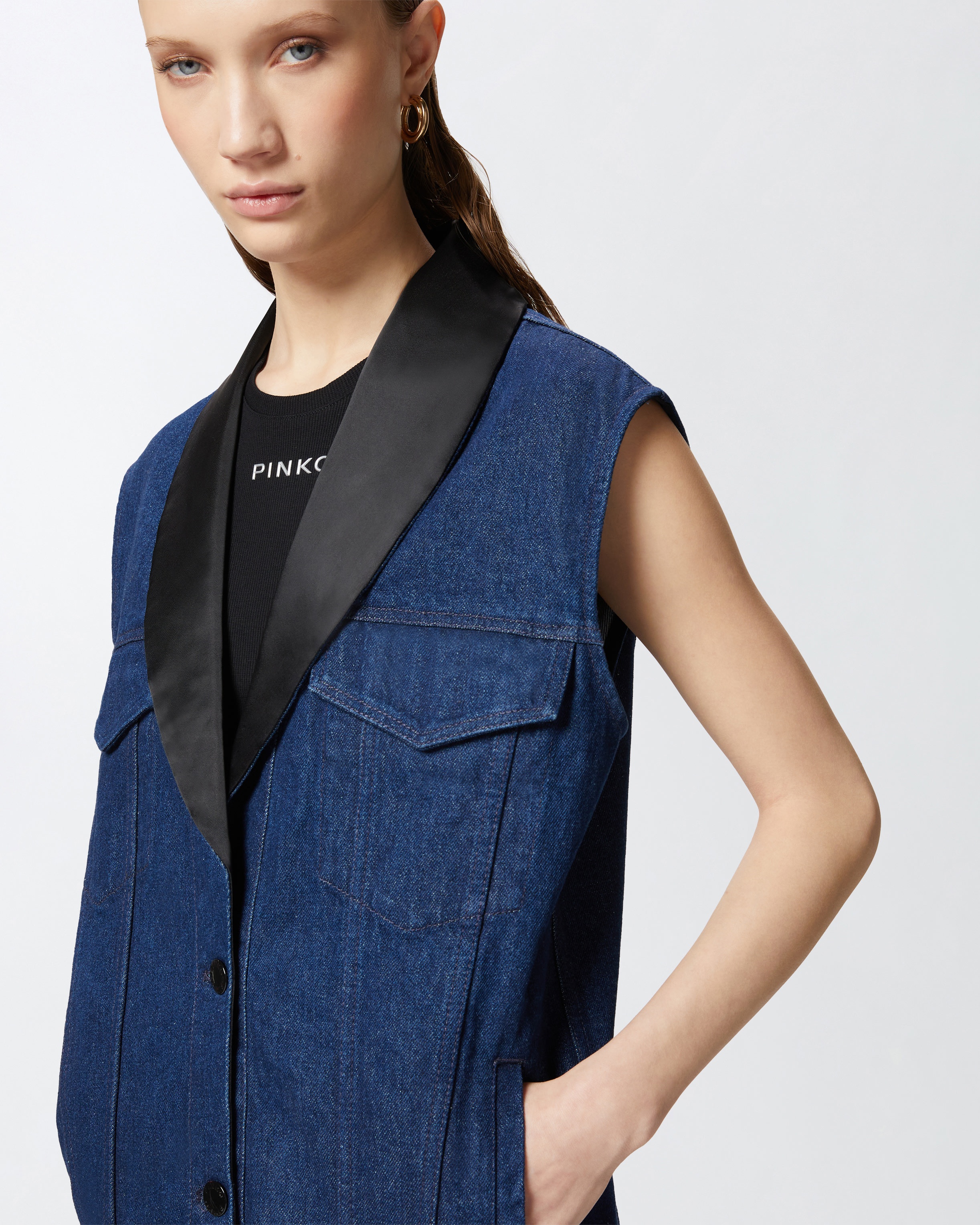 DENIM VEST WITH BLACK SATIN LAPEL COLLAR - 5