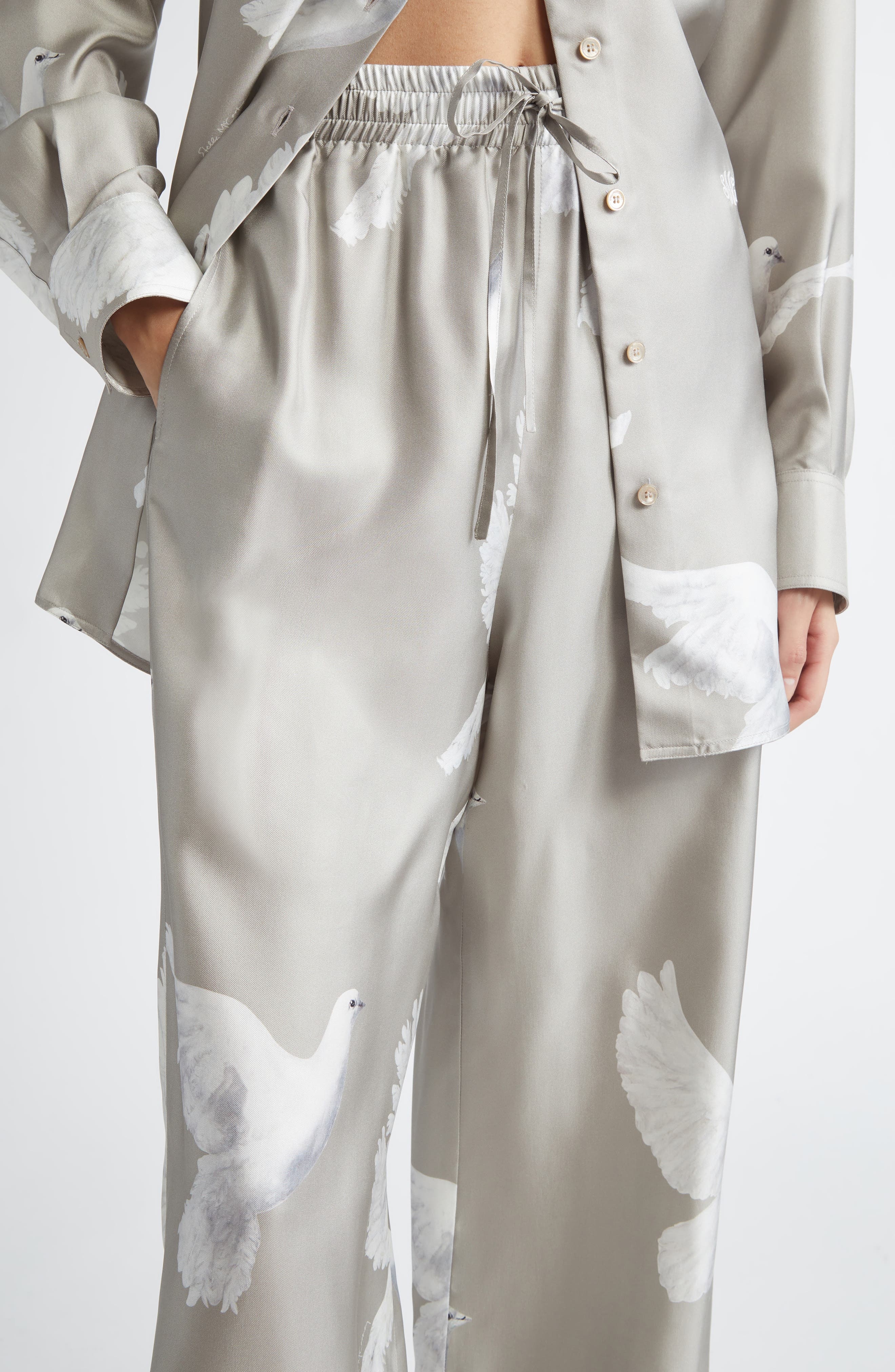 Stella McCartney Birds Print Silk Satin Pants in Mud at Nordstrom - 5
