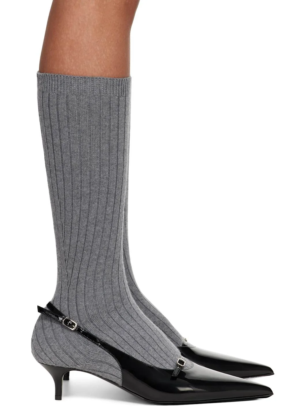 Gray & Black Ribbed Sock Boot Heels - 1